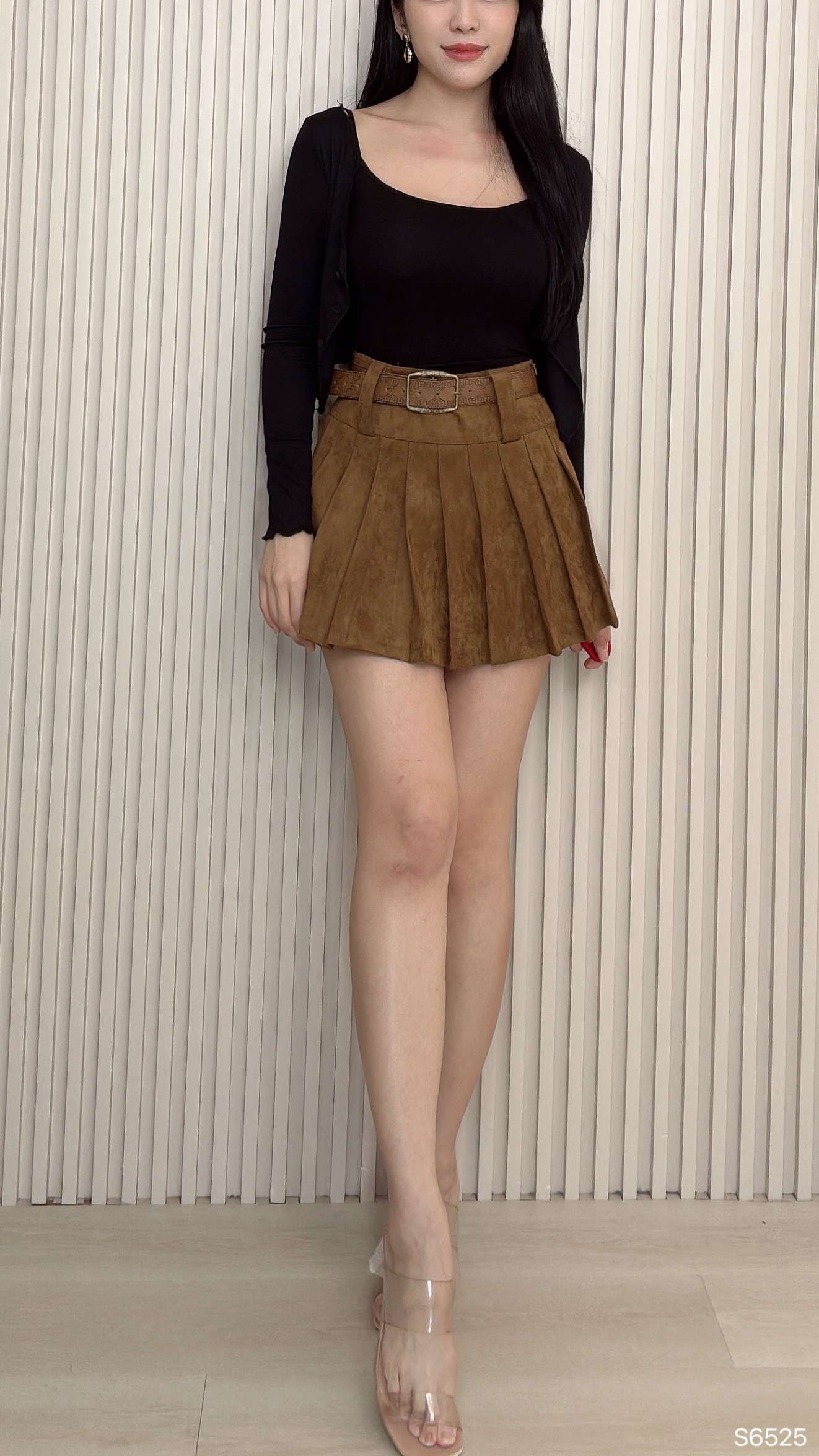 学院风百褶设计A字高腰短裙 (S6525)