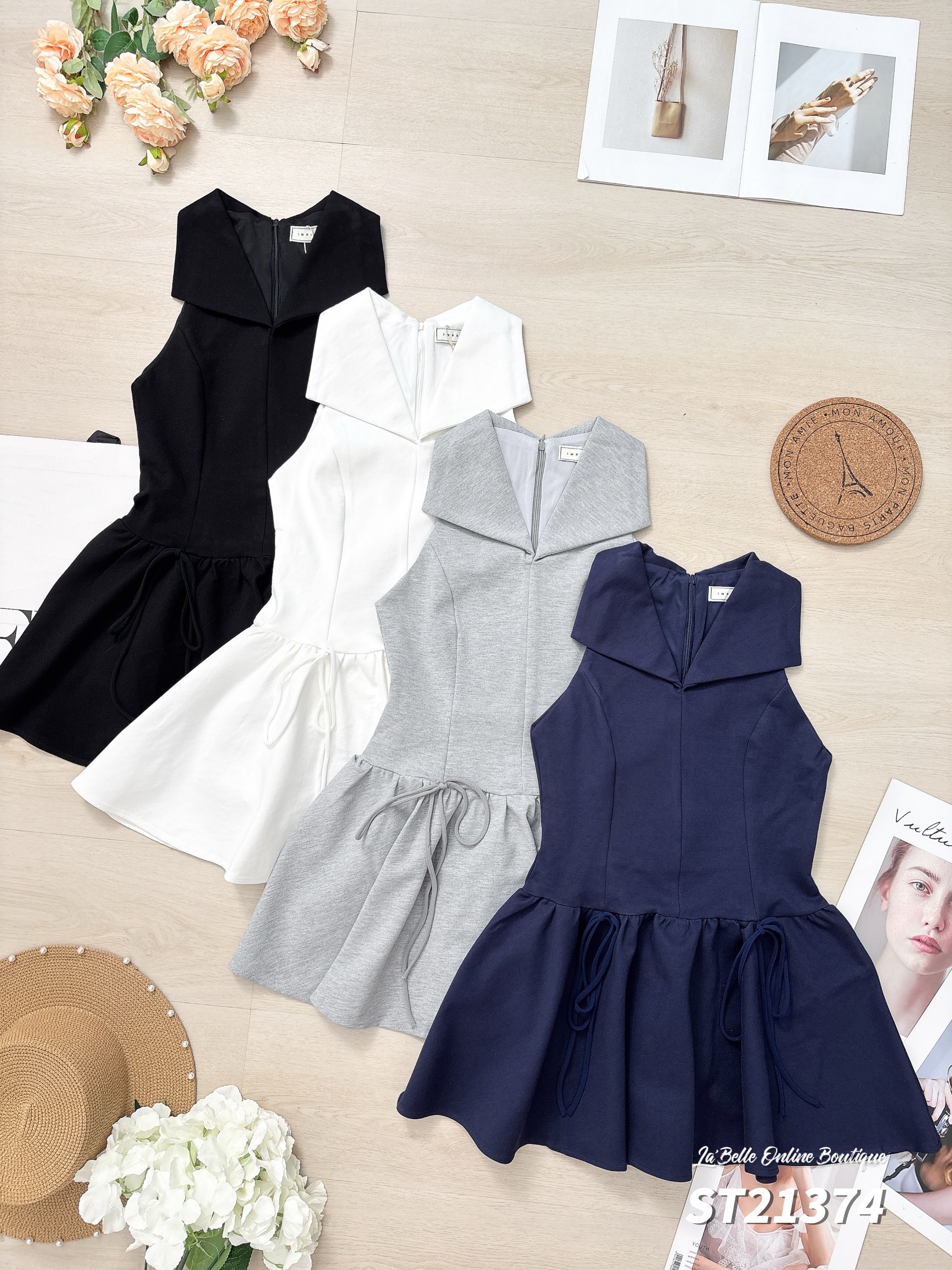 简约翻领蝴蝶结系带设计伞状连身裤裙 (ST21374)