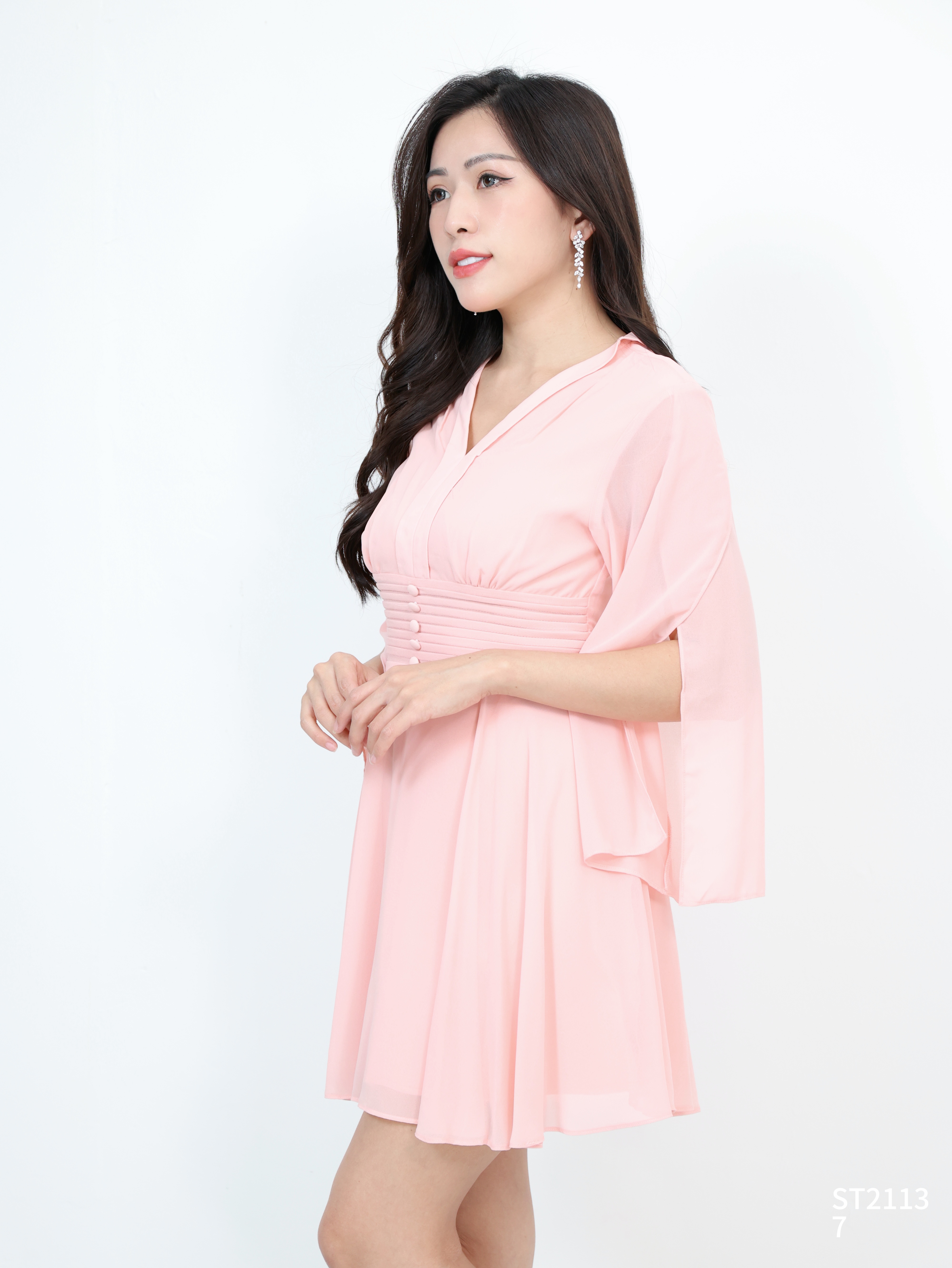 仙女V领皱褶收腰连身裙 (ST21137)  - 特价-La'Belle Fashion Boutique Sdn Bhd