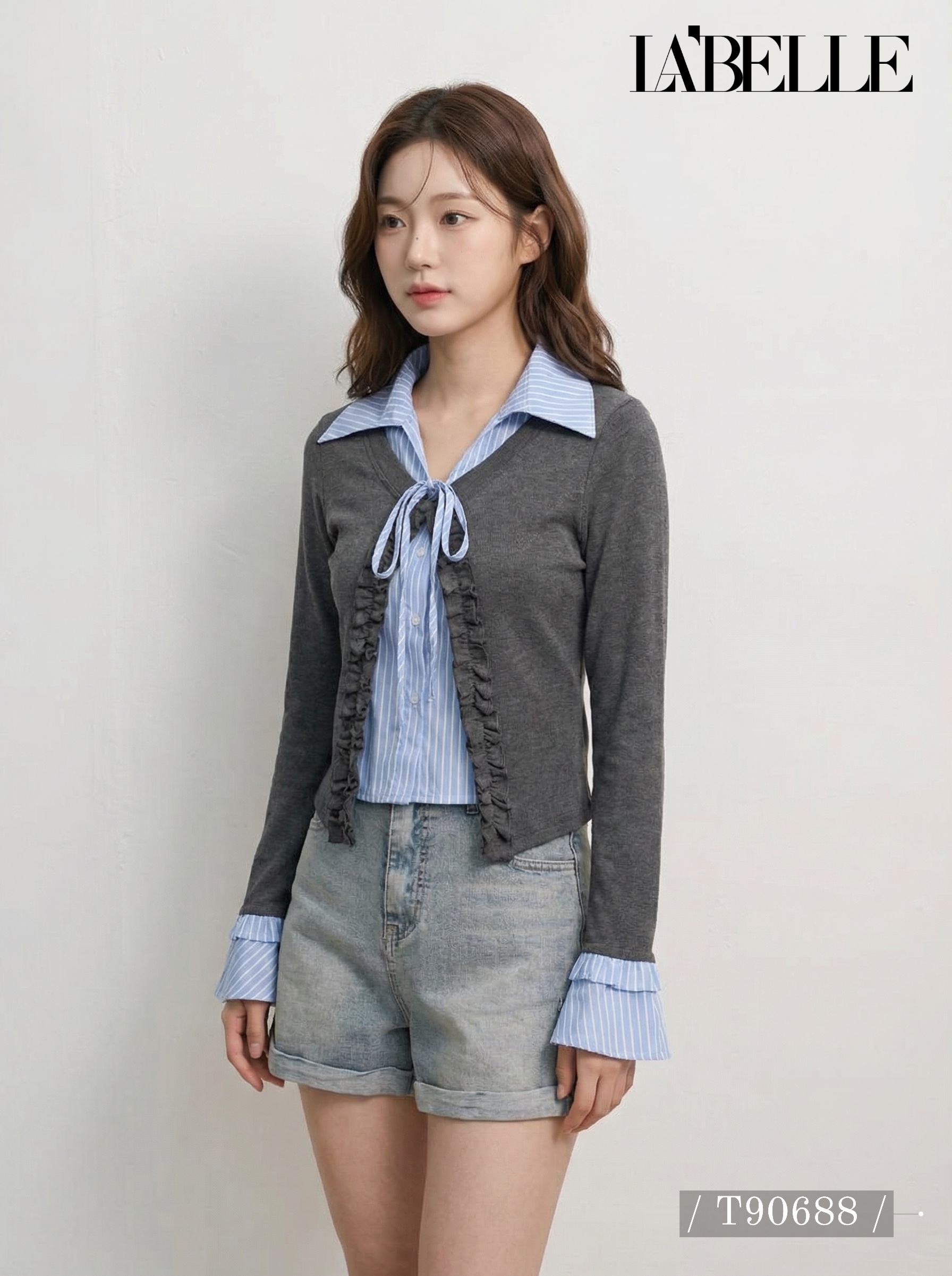 学院风假两件条纹撞色设计喇叭袖上衣 (T90688)