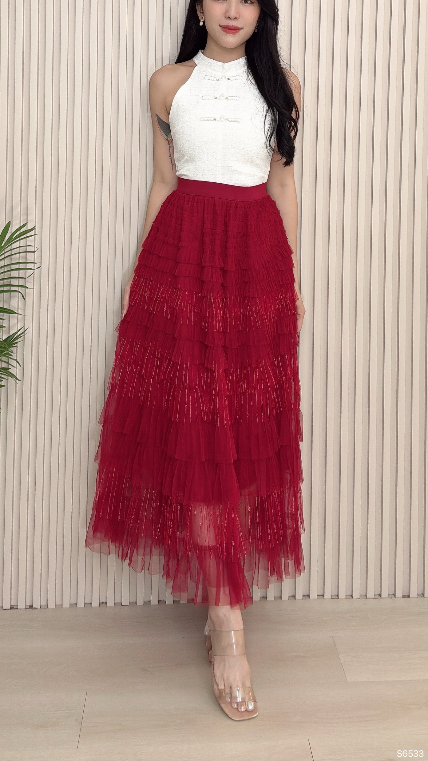 高端气质网纱千层蛋糕高腰半身裙 (S6533)