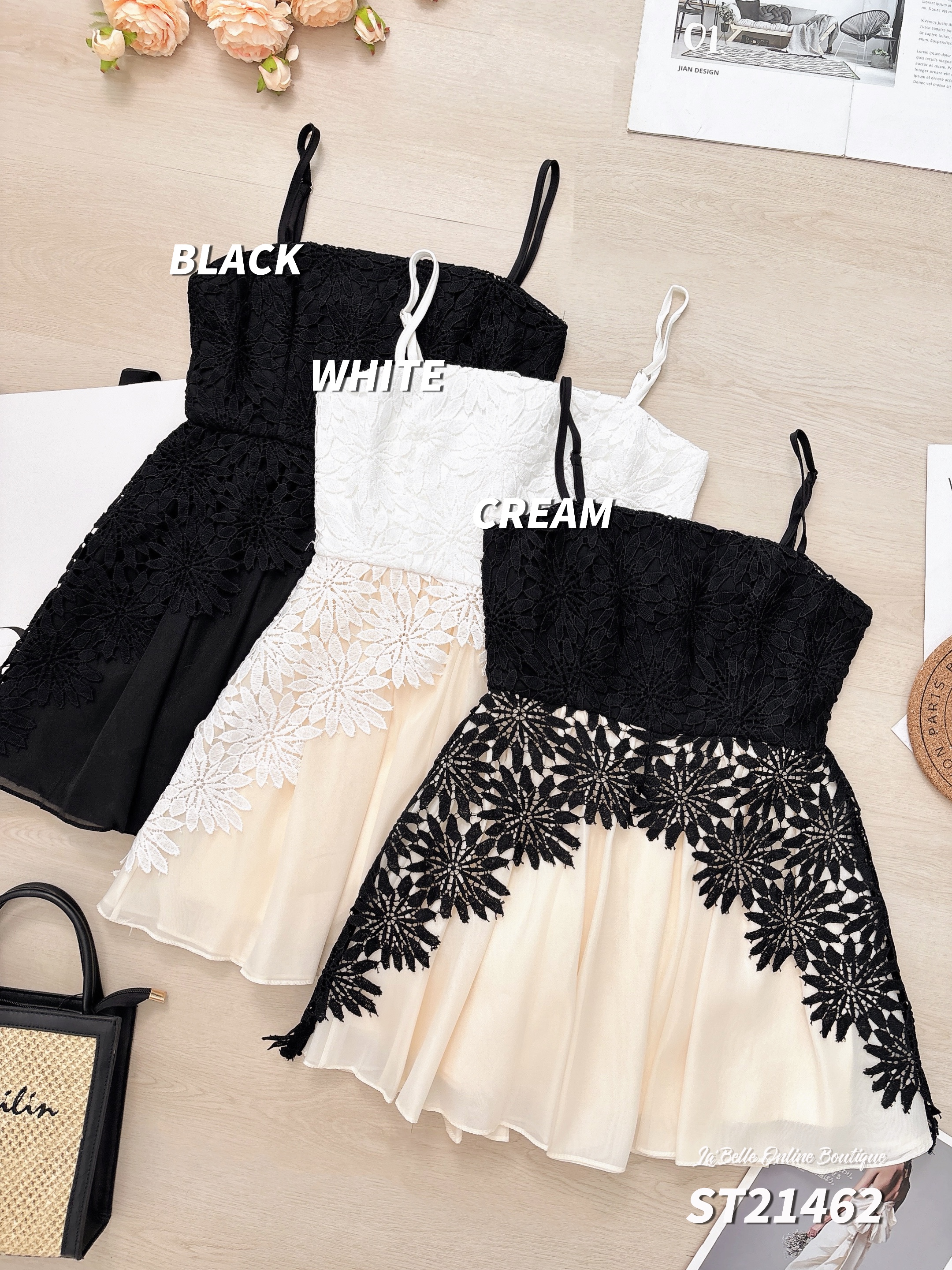 法式镂空绣花吊带连身裙 (ST21462)