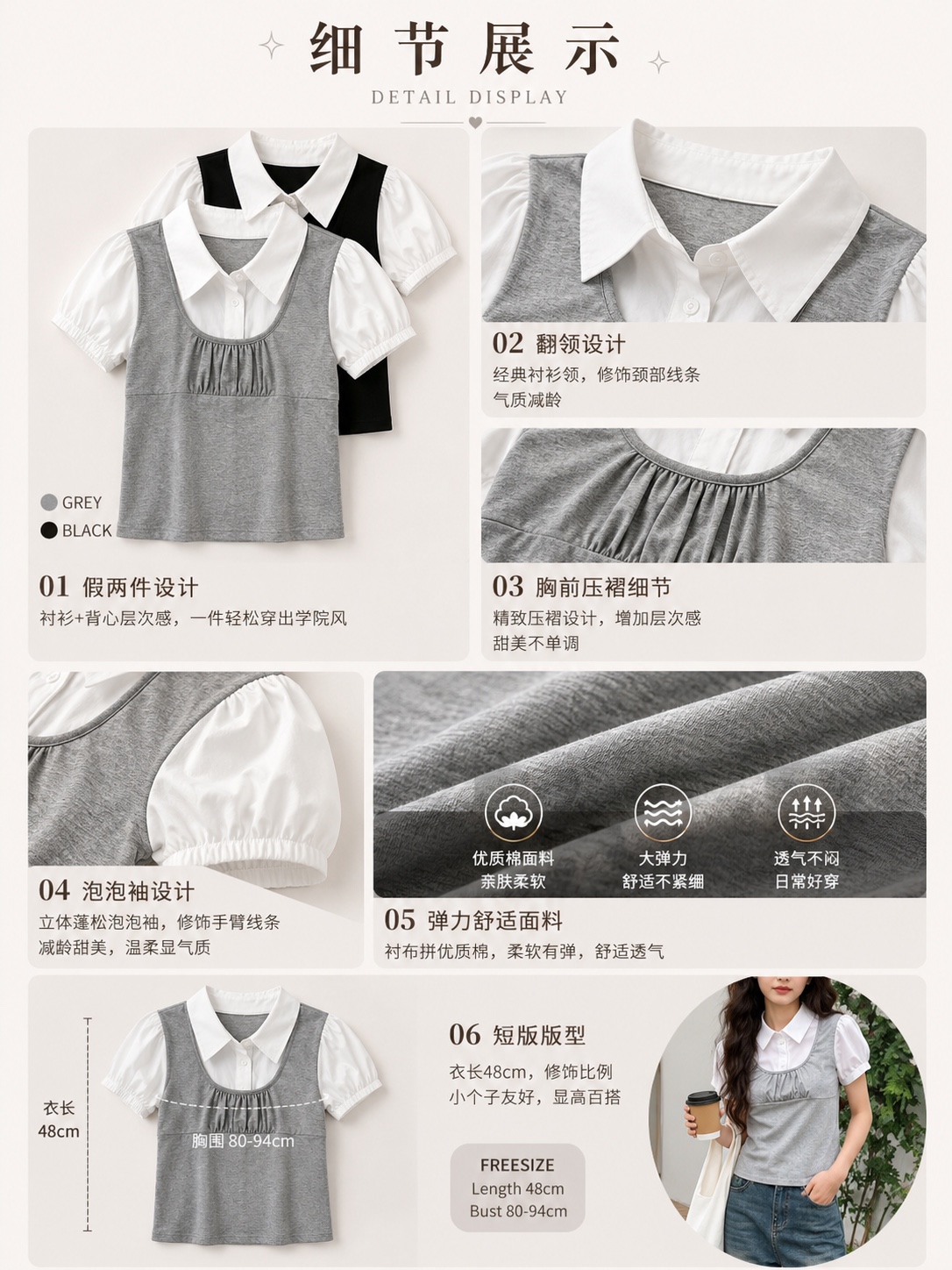 韩系学院风撞色假两件泡泡袖上衣 (T90770)