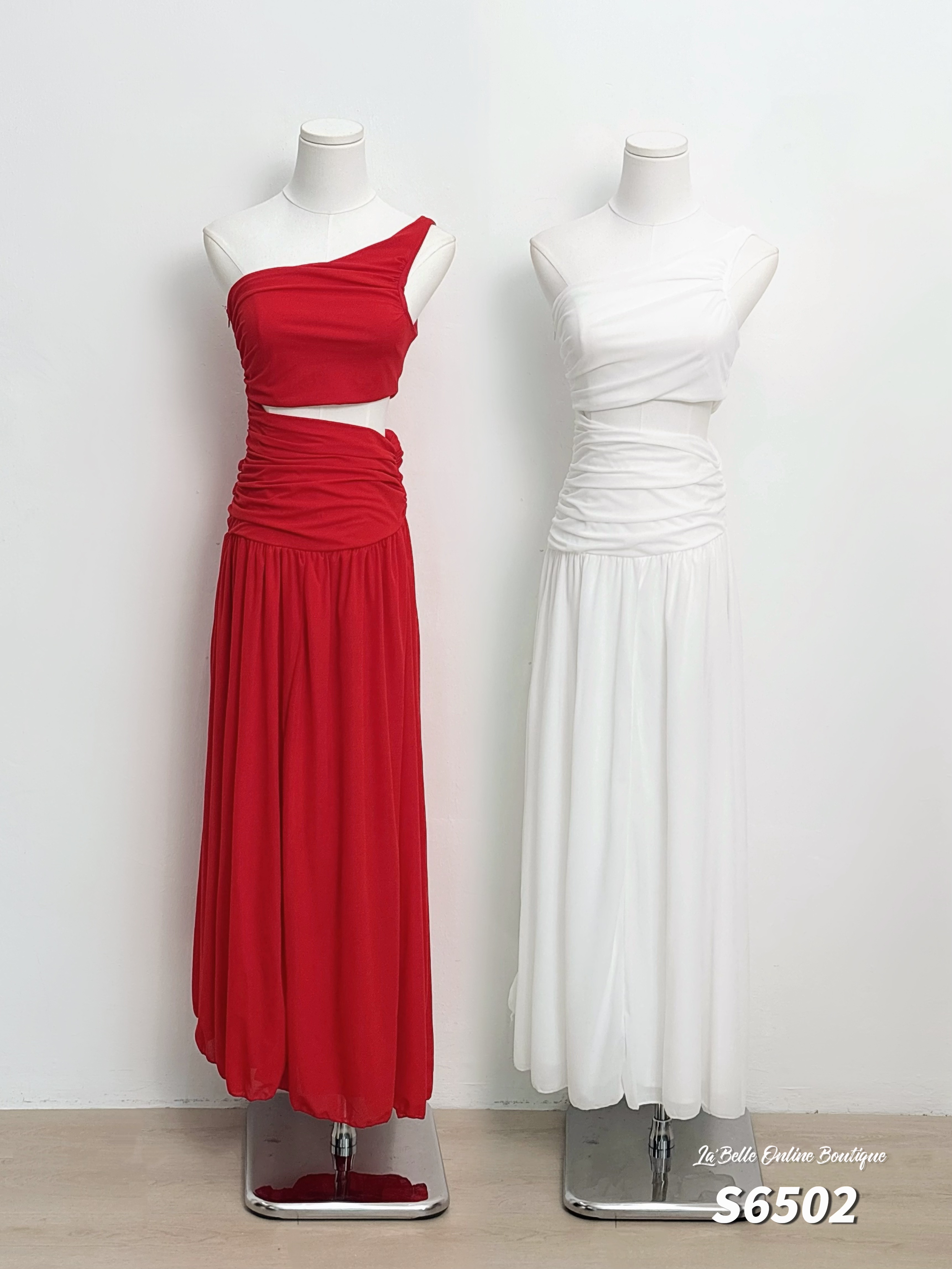 仙气度假风斜肩露腰连身长裙 (S6502)