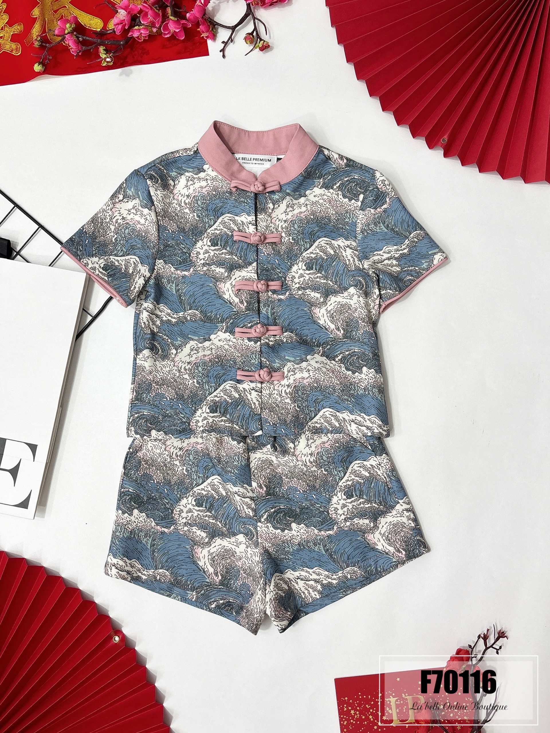 【LBP亲子系列 】可爱海浪纹设计改良版唐装两件套【儿子版】（F70116）