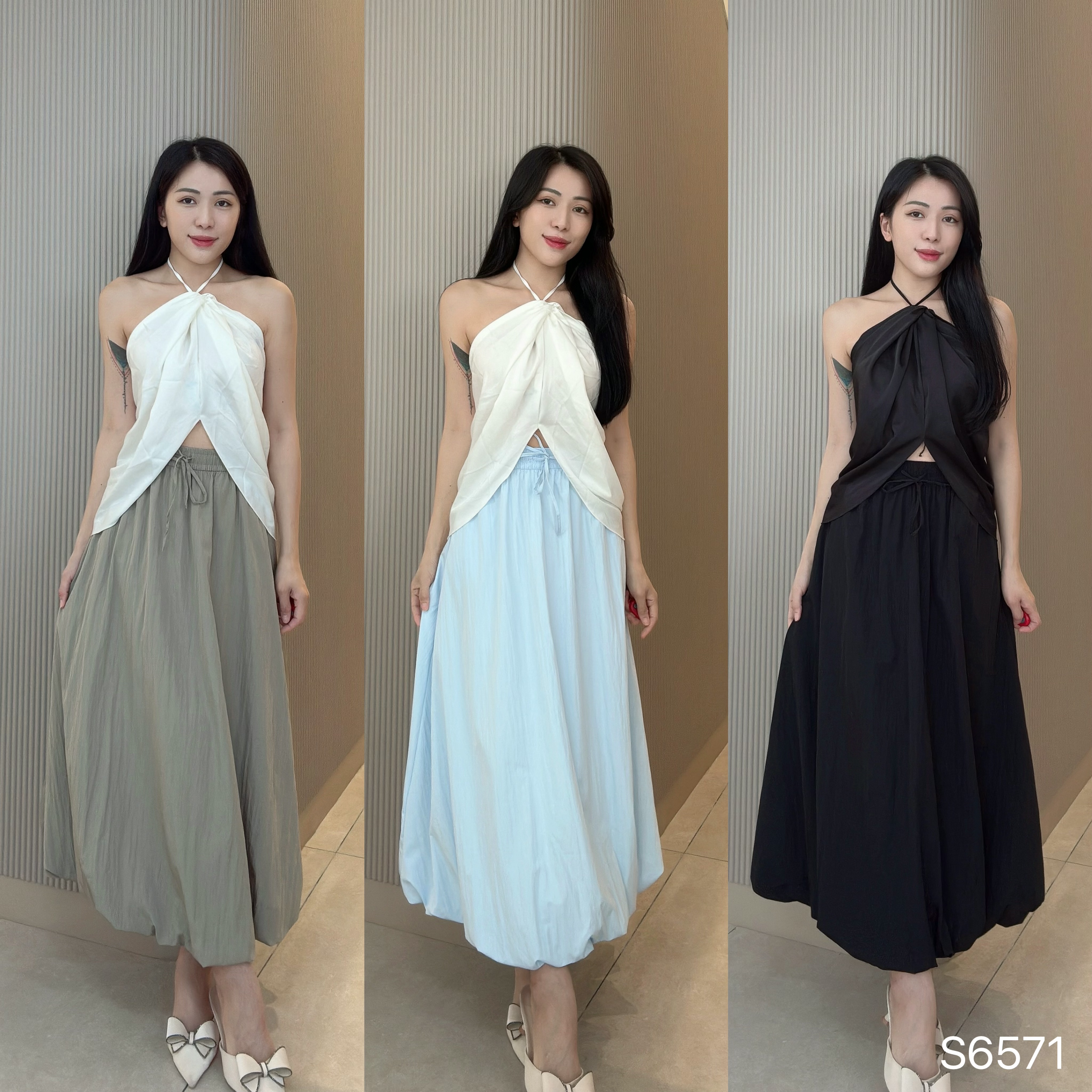 日系甜美风抽绳设计蓬蓬花苞高腰半身裙 (S6571)