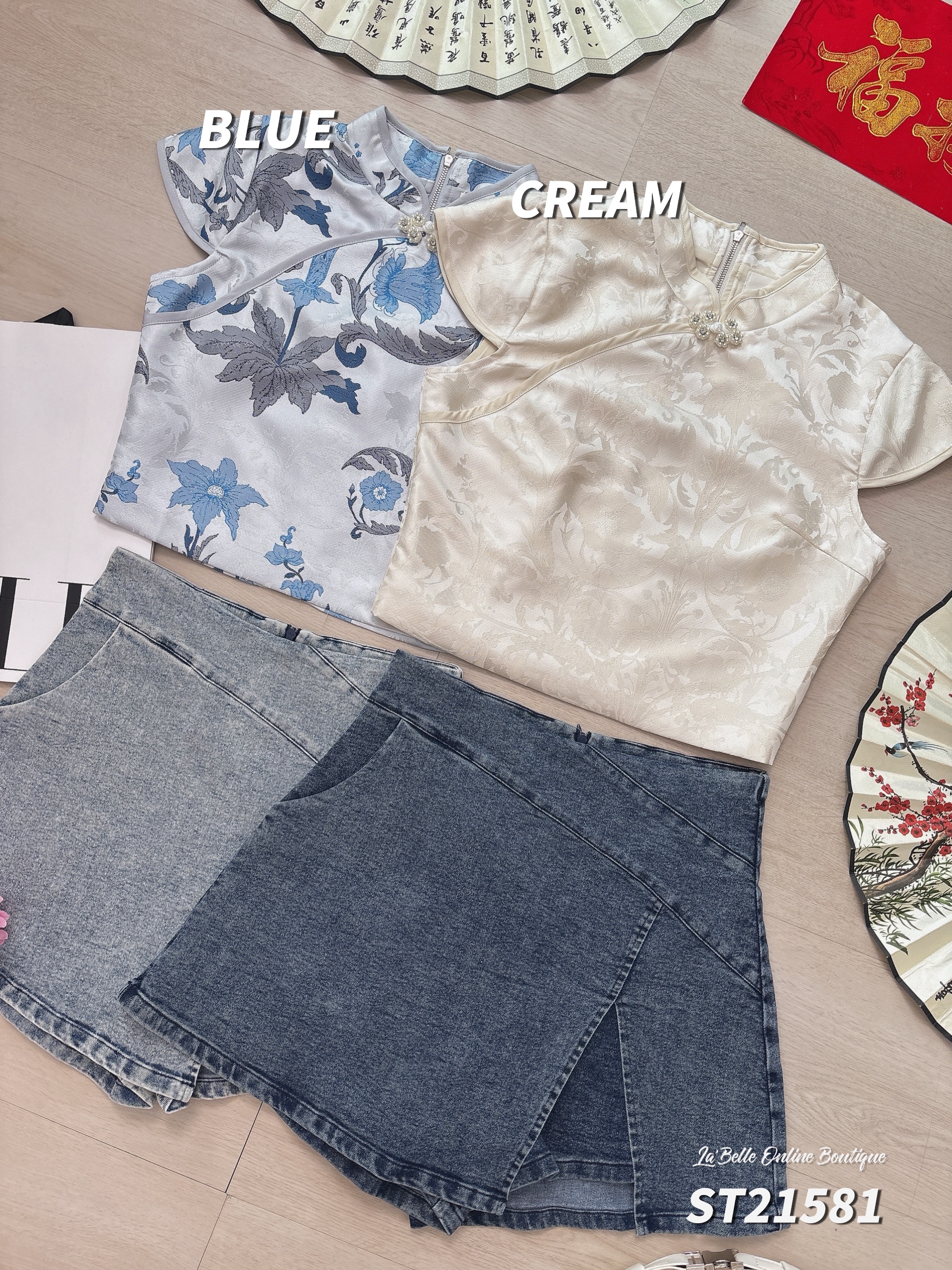 改良版新中式牛仔旗袍两件套 (ST21581)