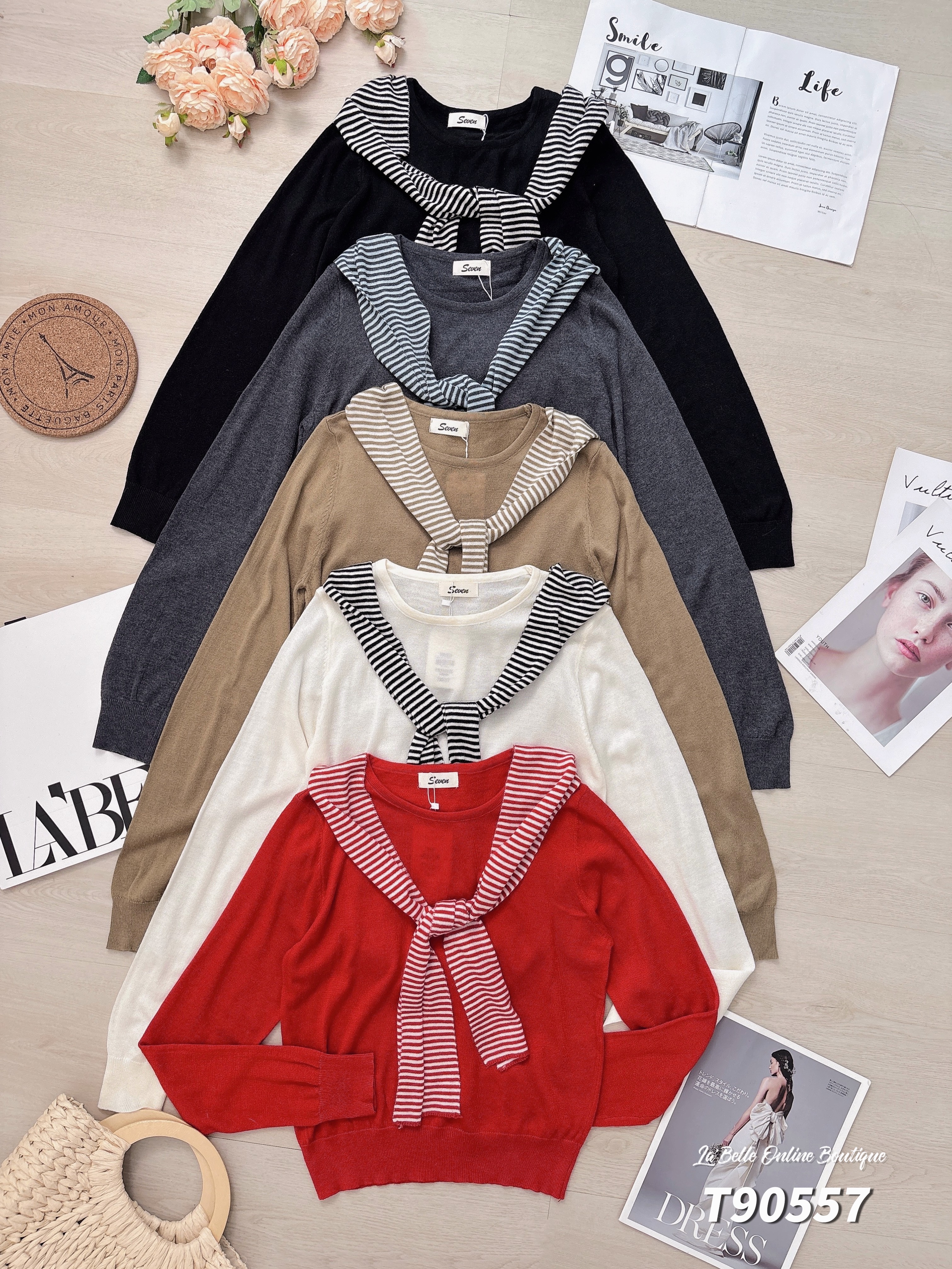 韩系撞色条纹披肩设计长袖上衣 (T90557)