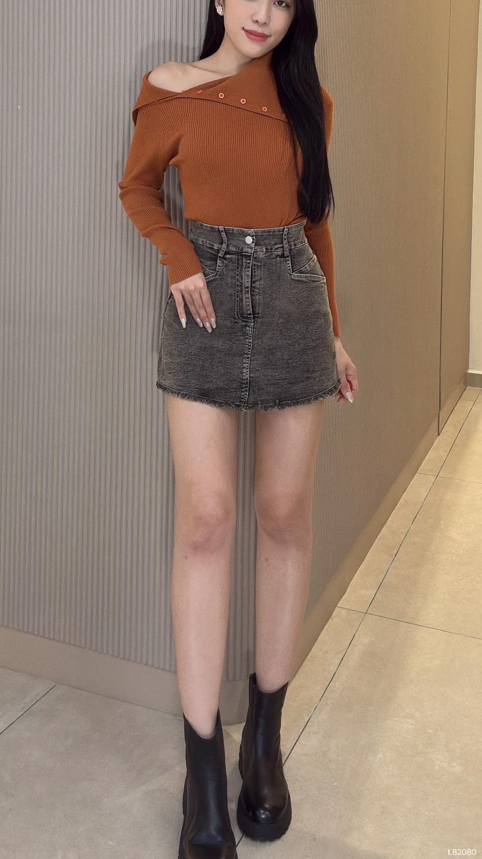 时尚须须毛边设计高腰牛仔裤裙 (LB2080)