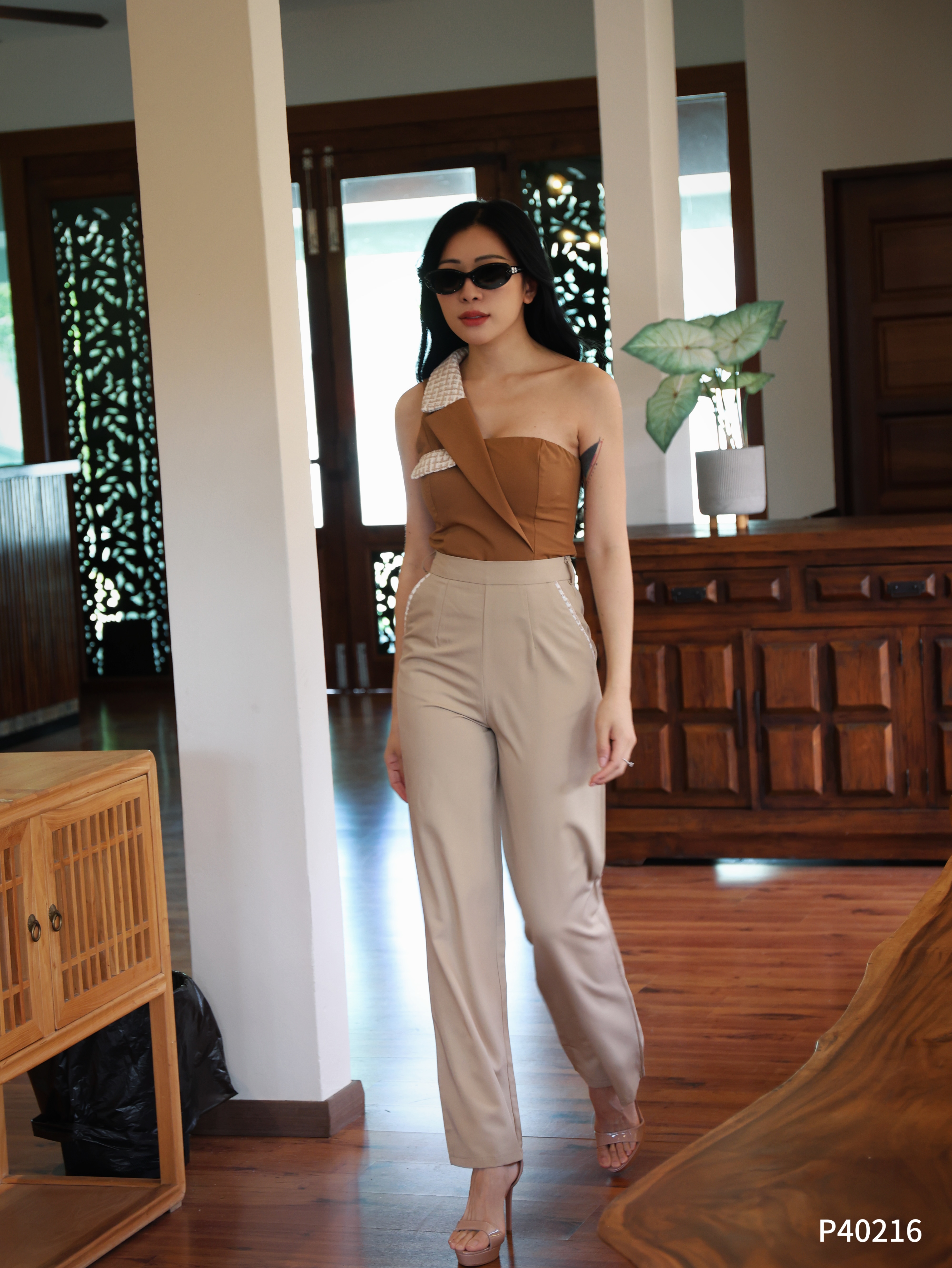 【LATTE NOON】时尚系带明线设计阔腿高腰长裤   (P40216)