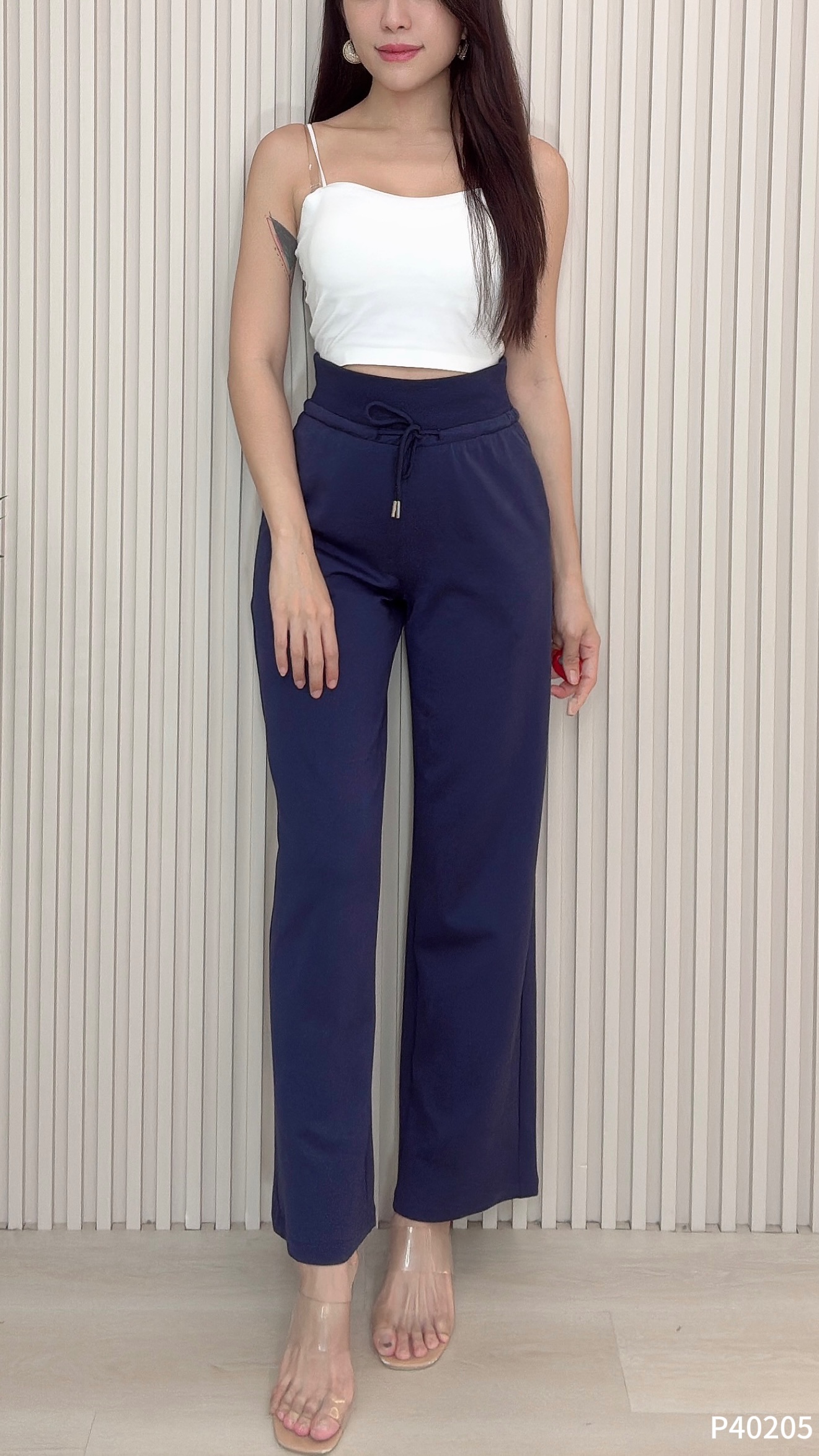 休闲抽绳设计直筒阔腿长裤 (P40205)