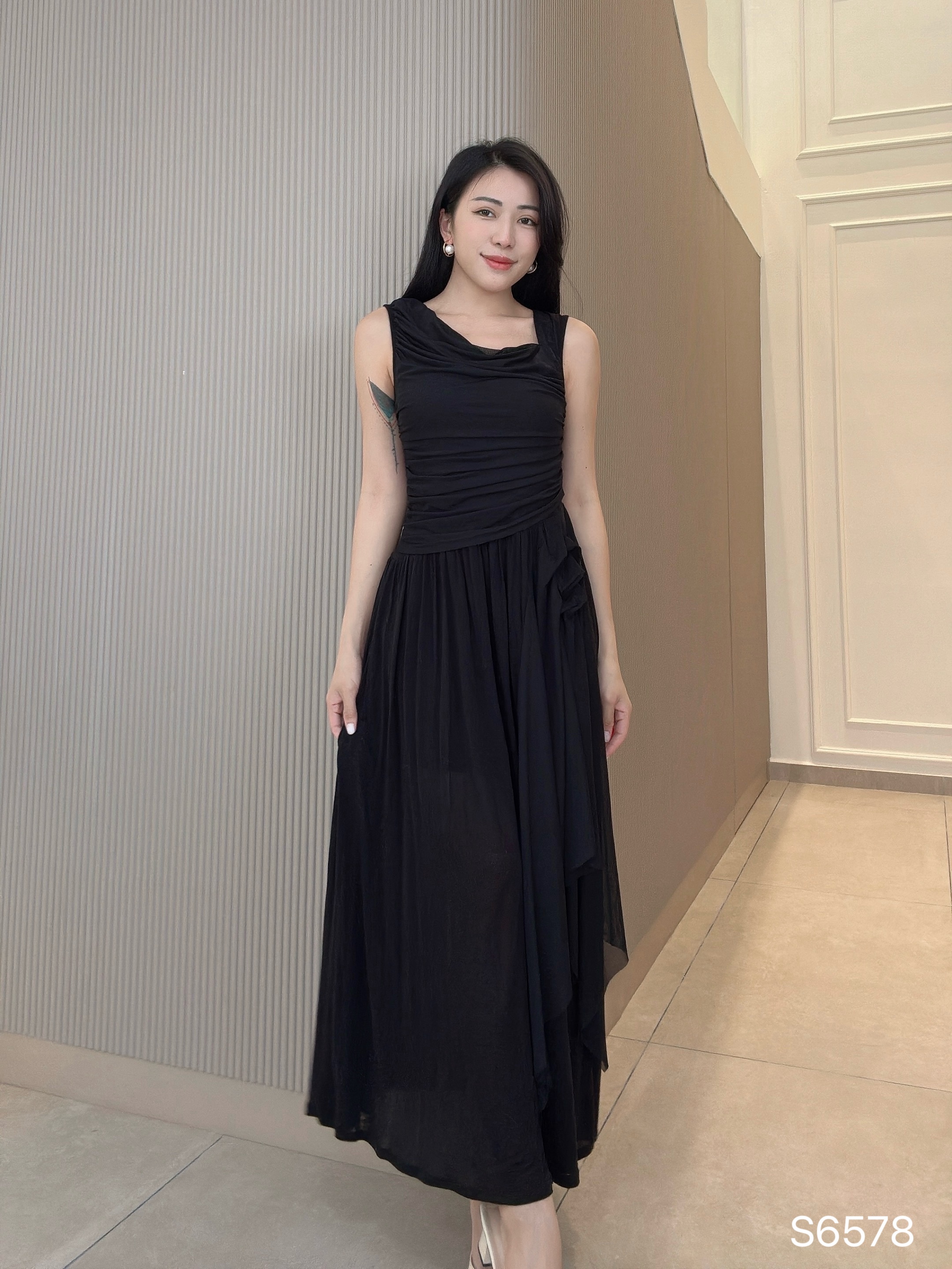 仙女感垂坠式荡领设计不规则连身裙 (S6578)