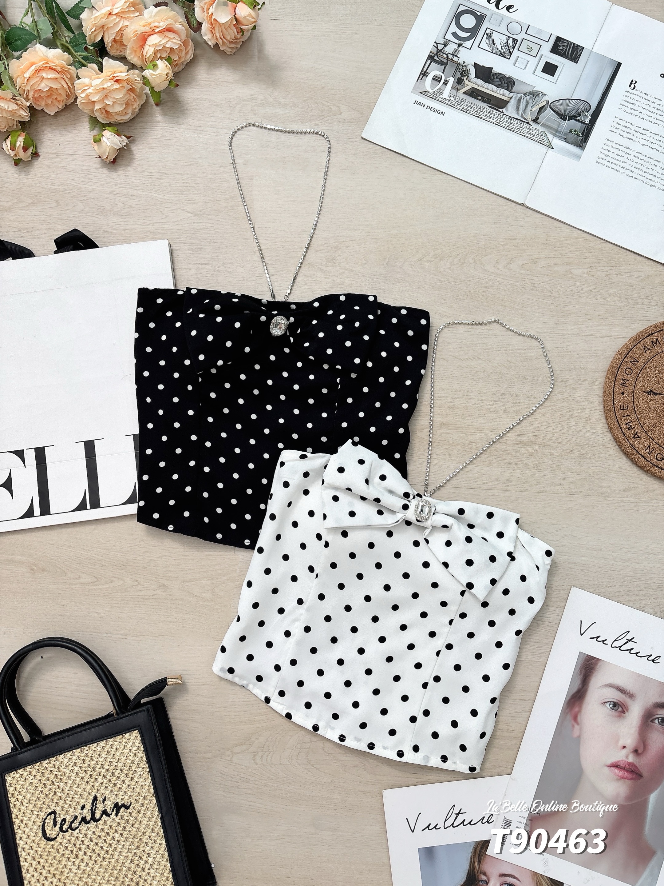 复古波点蝴蝶结设计抹胸上衣 (T90463)