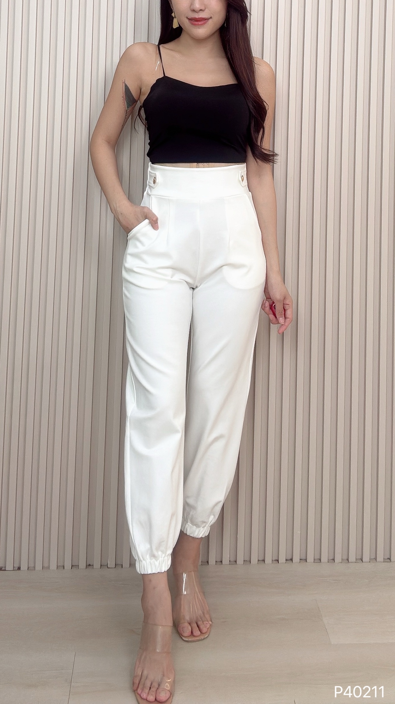 韩版哈伦风束脚设计高腰长裤 (P40211)