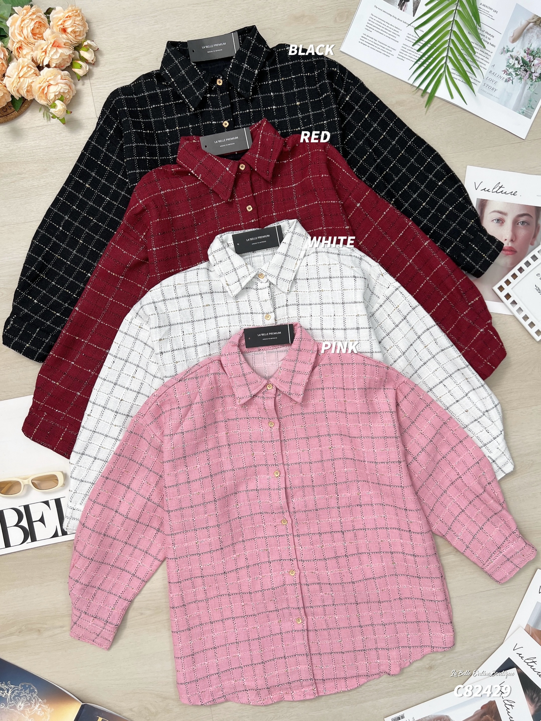 复古格子小香风宽松长袖上衣/外套 (C82429)