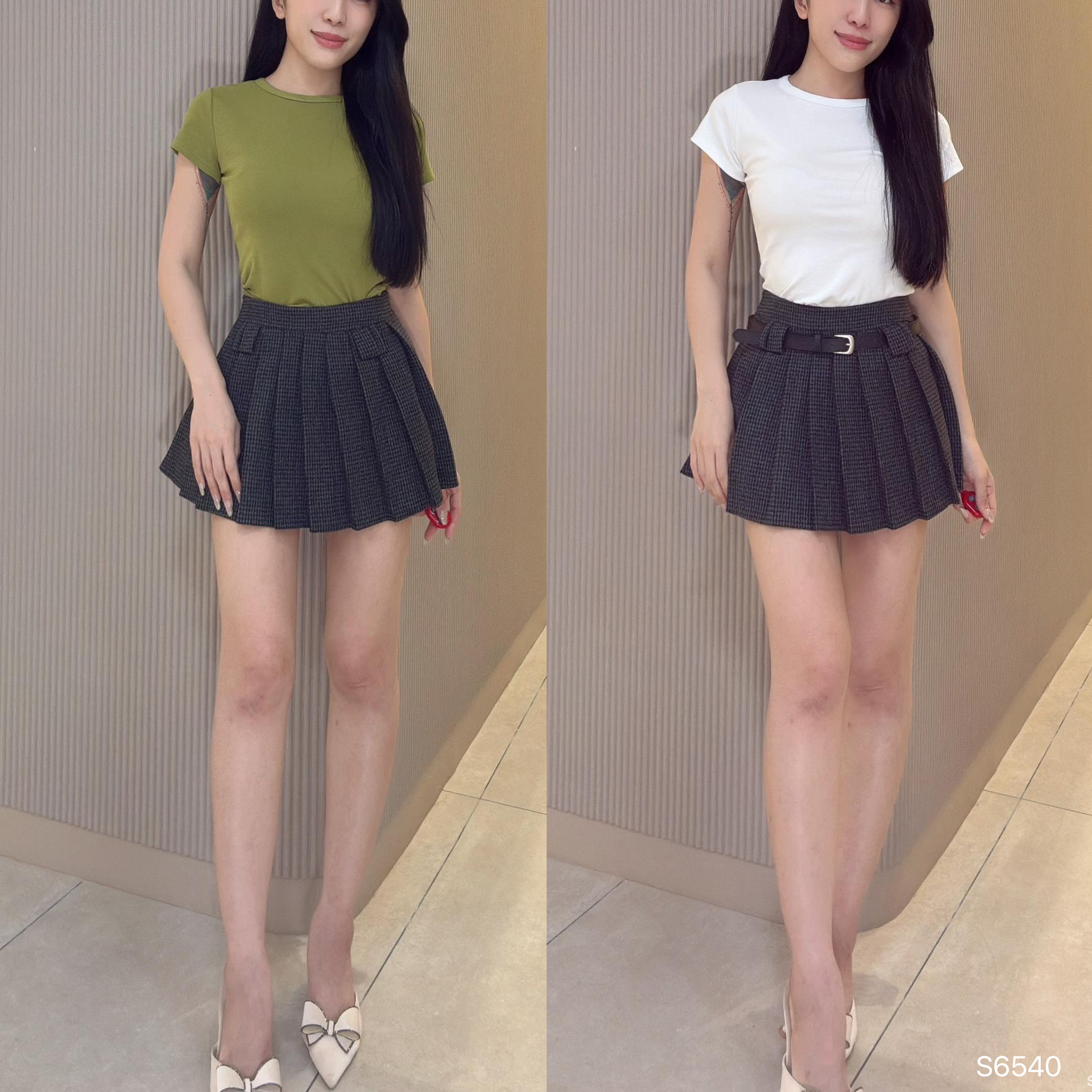 复古千鸟格百褶设计高腰短裙 (S6540)