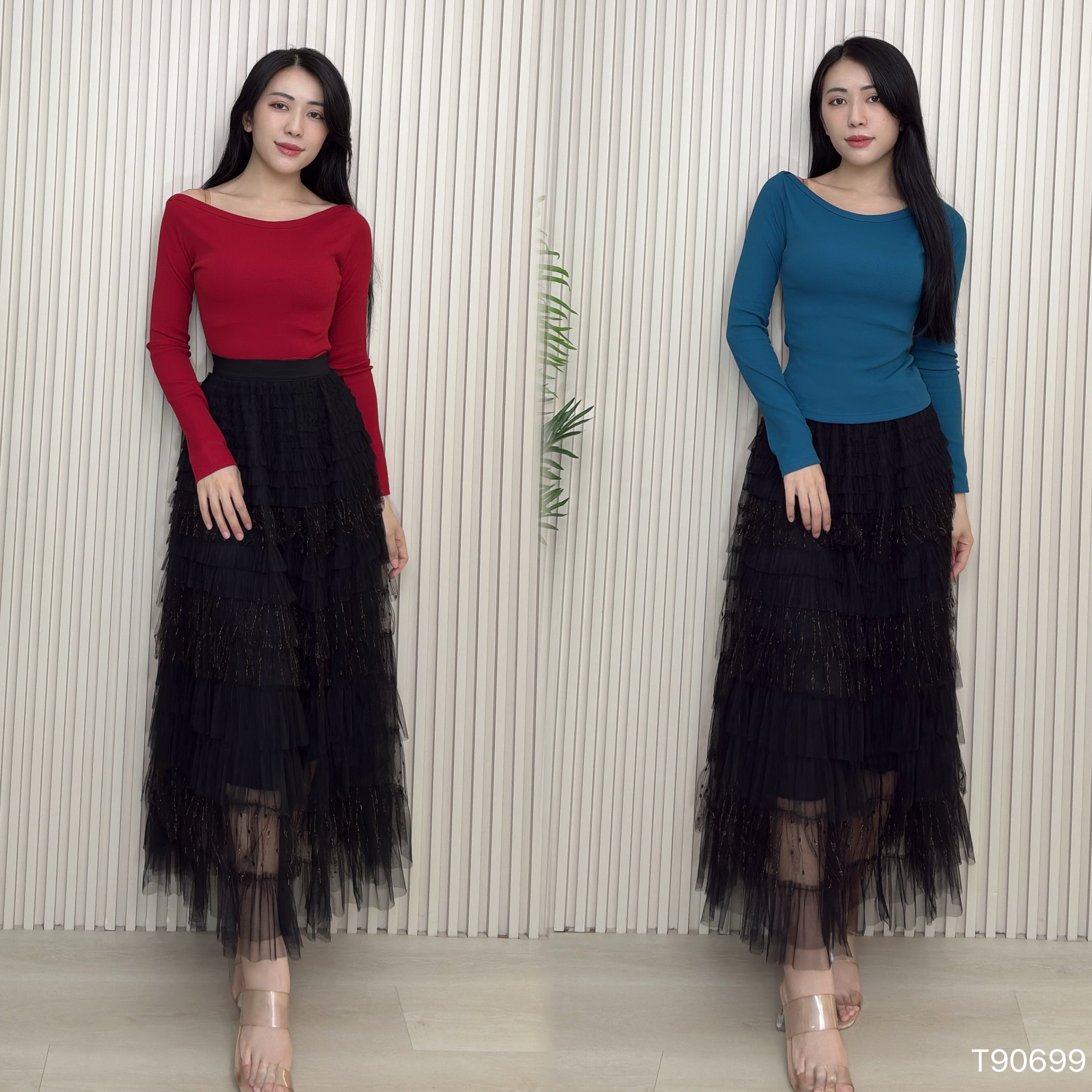 纯欲一字肩露锁骨长袖上衣 (T90699)