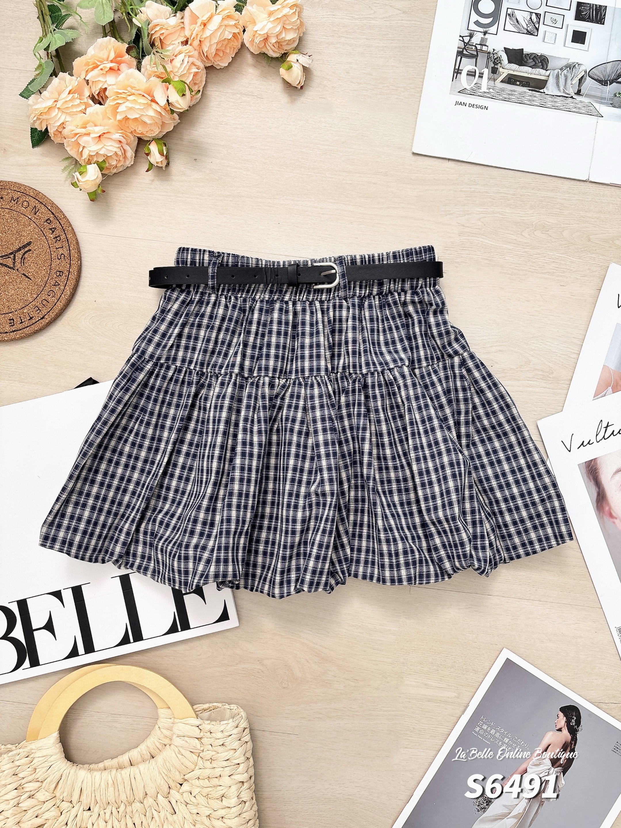 复古格子花苞设计高腰裤裙 (S6491)