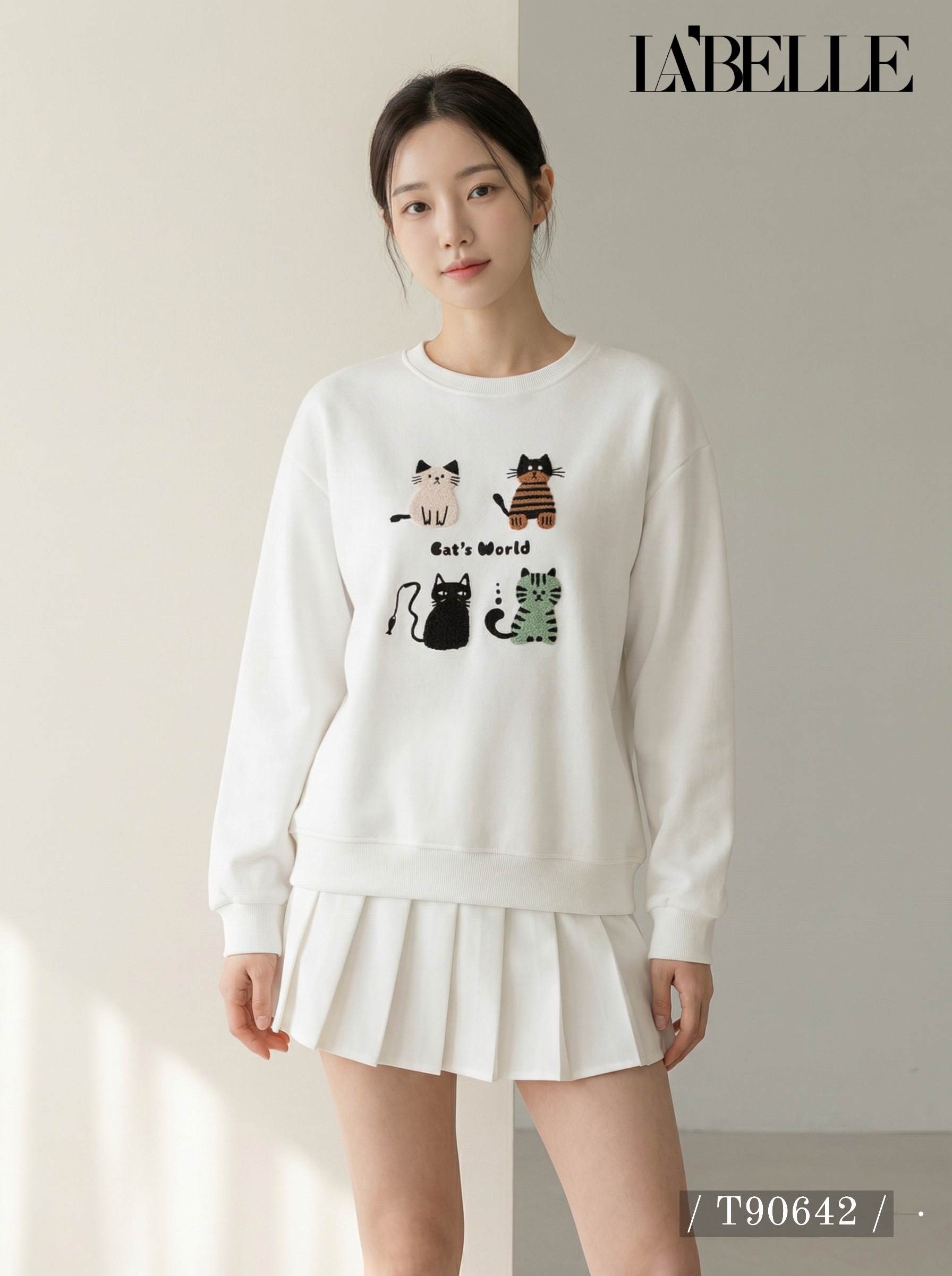 慵懒风猫咪图案圆领长袖卫衣 (T90642)