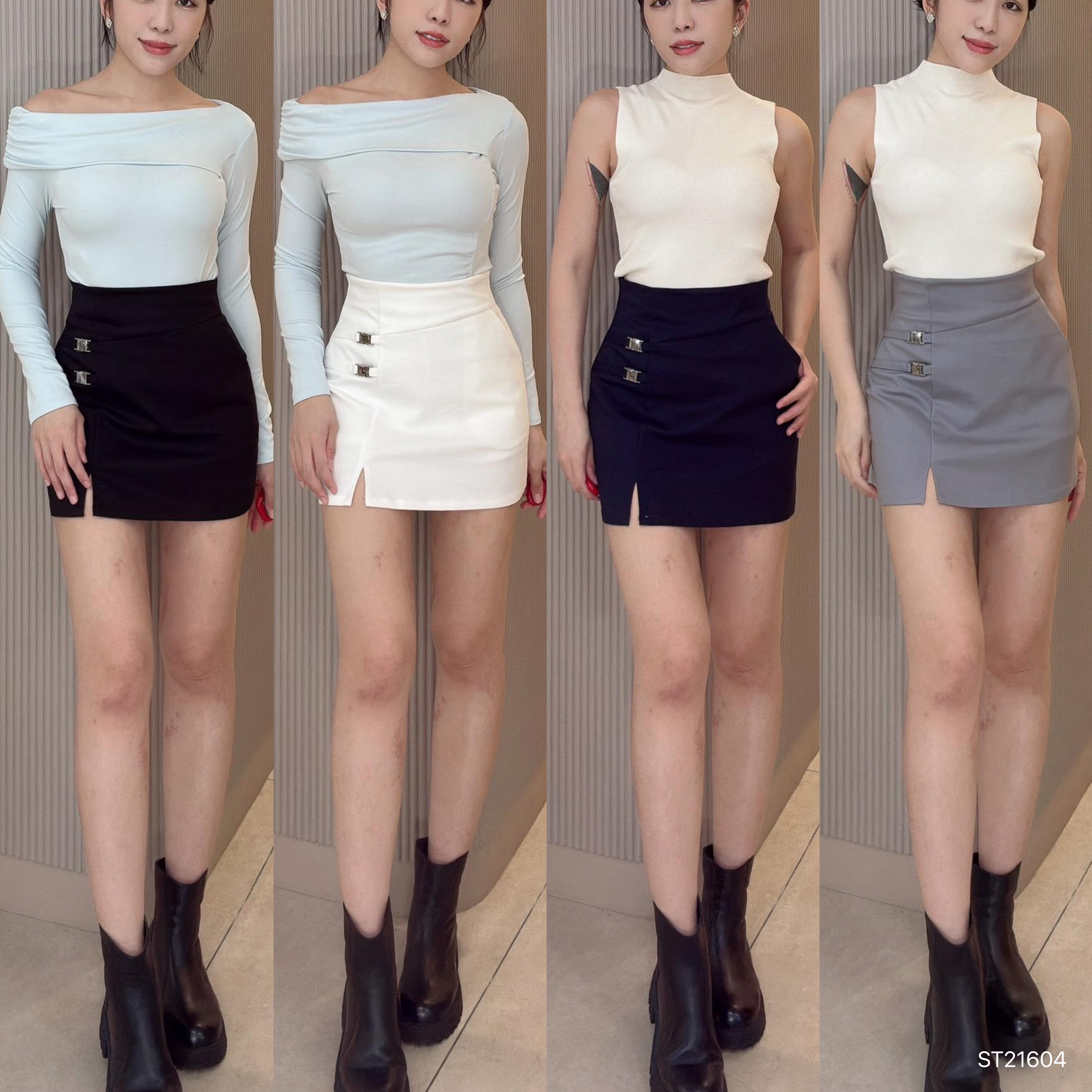 日系气质小开叉设计高腰短裙 (ST21604)