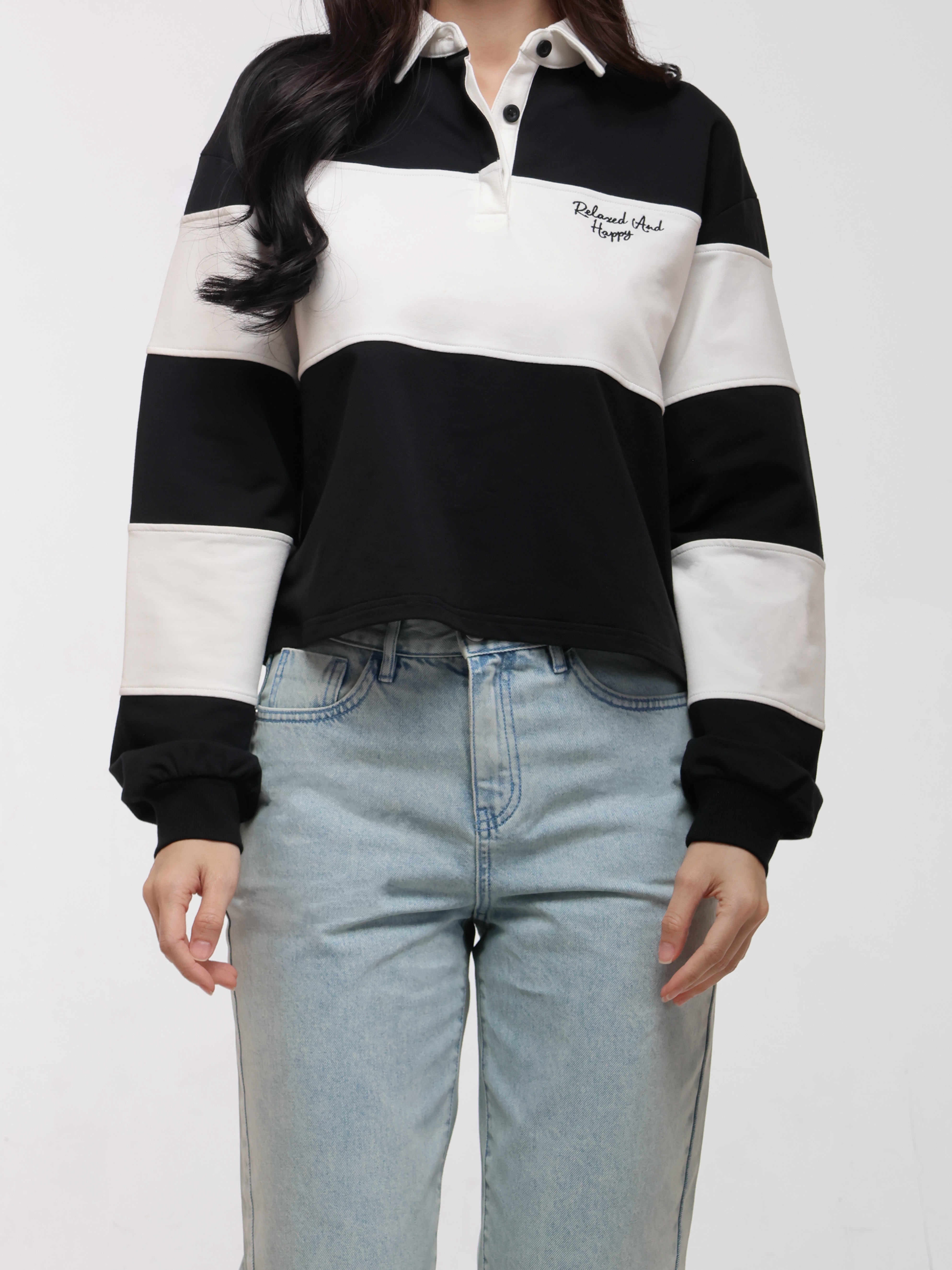 Women's Drop Shoulder Knit Sweater with Contrast Stripes (YS30137)