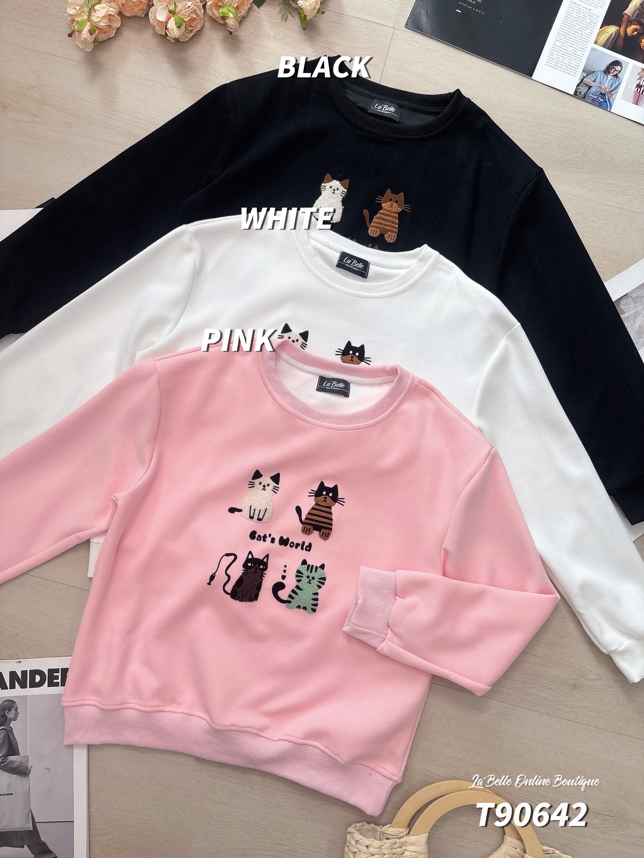 慵懒风猫咪图案圆领长袖卫衣 (T90642)