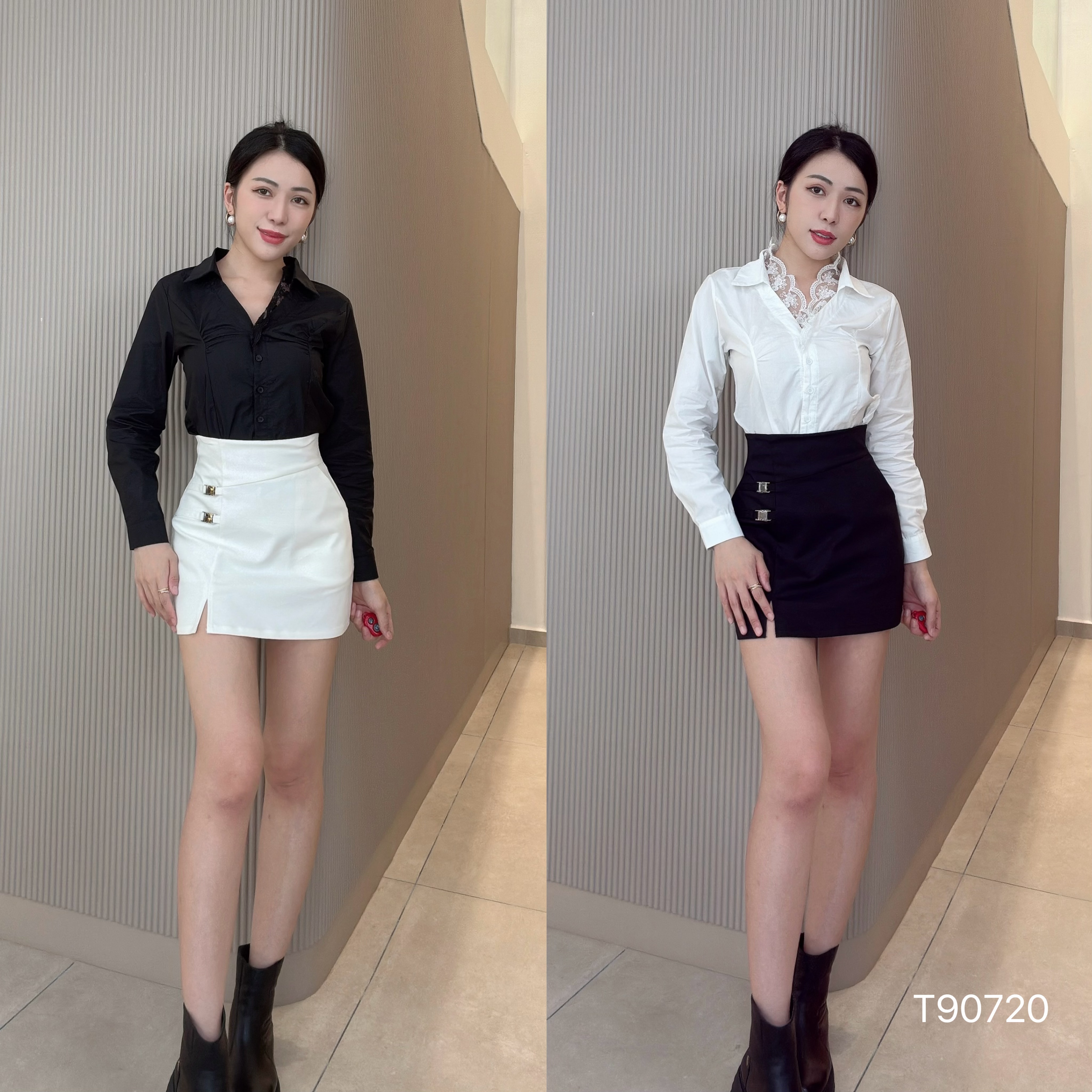性感辣妹风V领设计修身长袖上衣 (T90720)