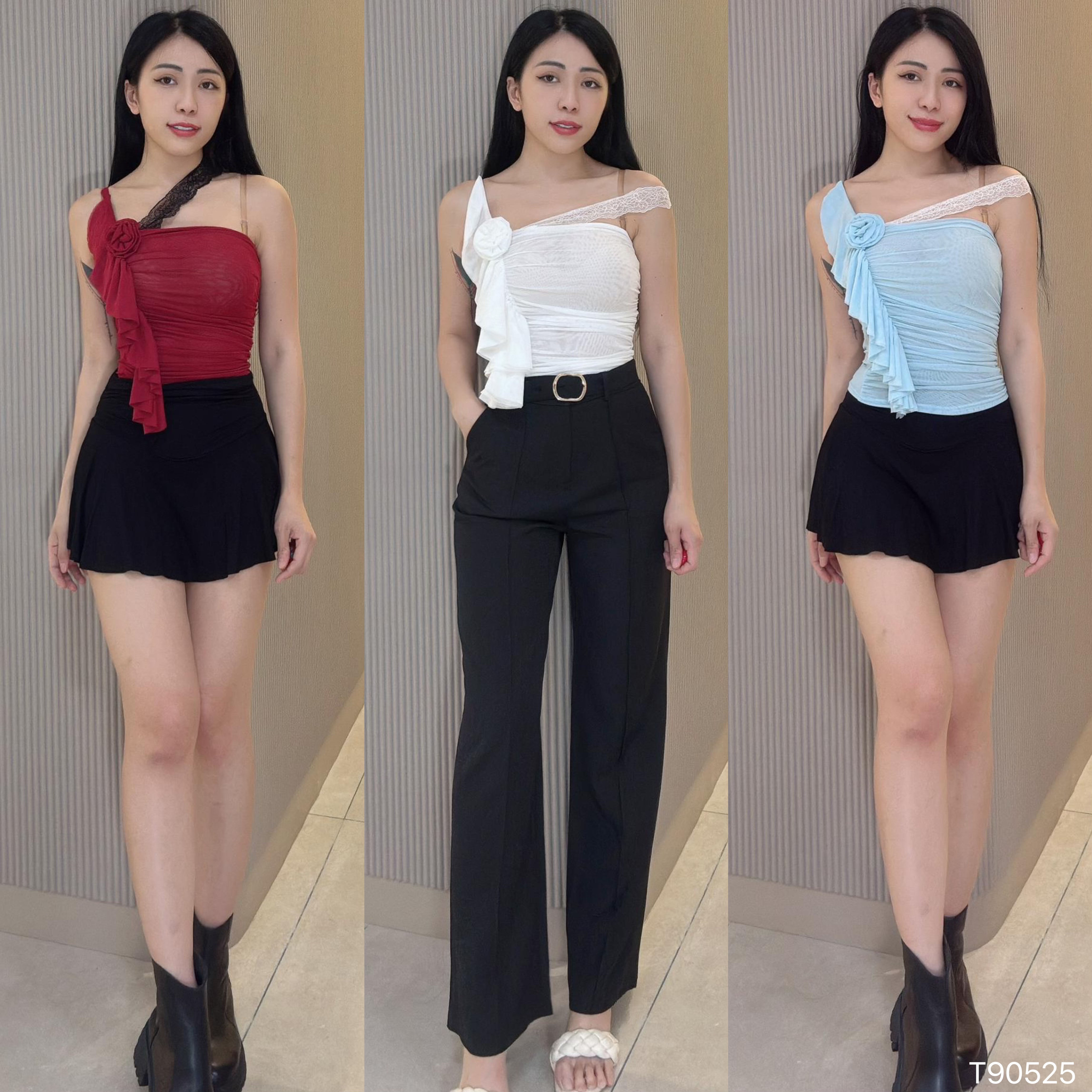 性感不规则蕾丝荷叶边设计抹胸上衣 (T90525)