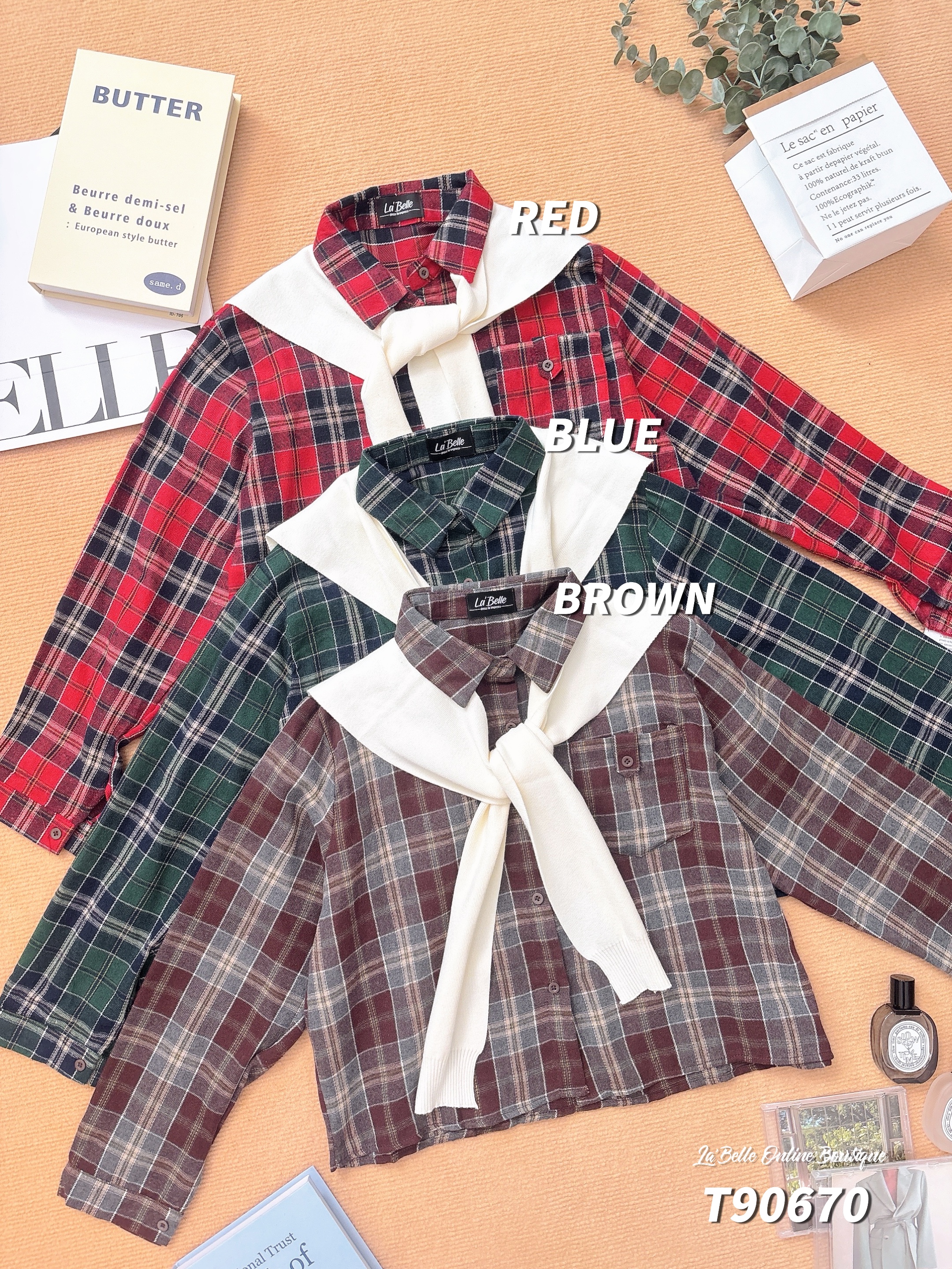 复古格子披肩设计长袖上衣 (T90670)