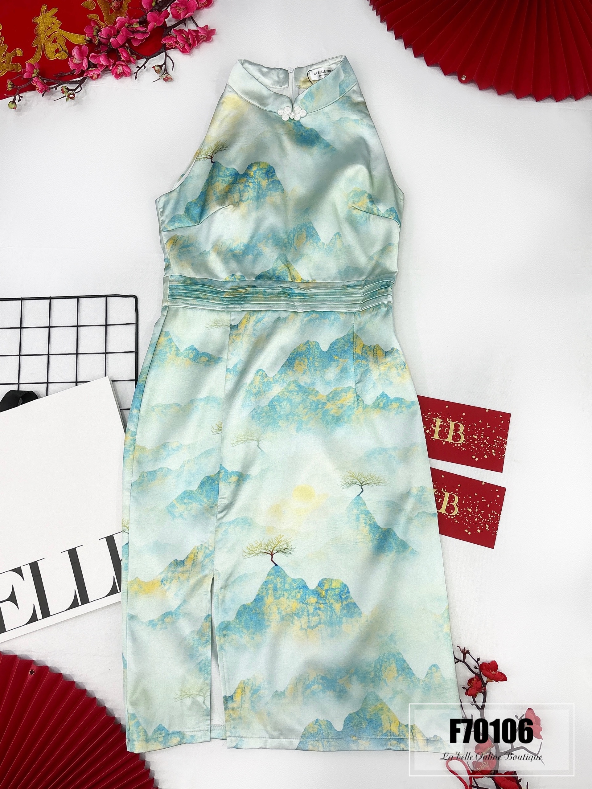 【LBP亲子系列】远山黛国风挂脖开叉设计改良版旗袍连身裙（F70106-妈妈款）