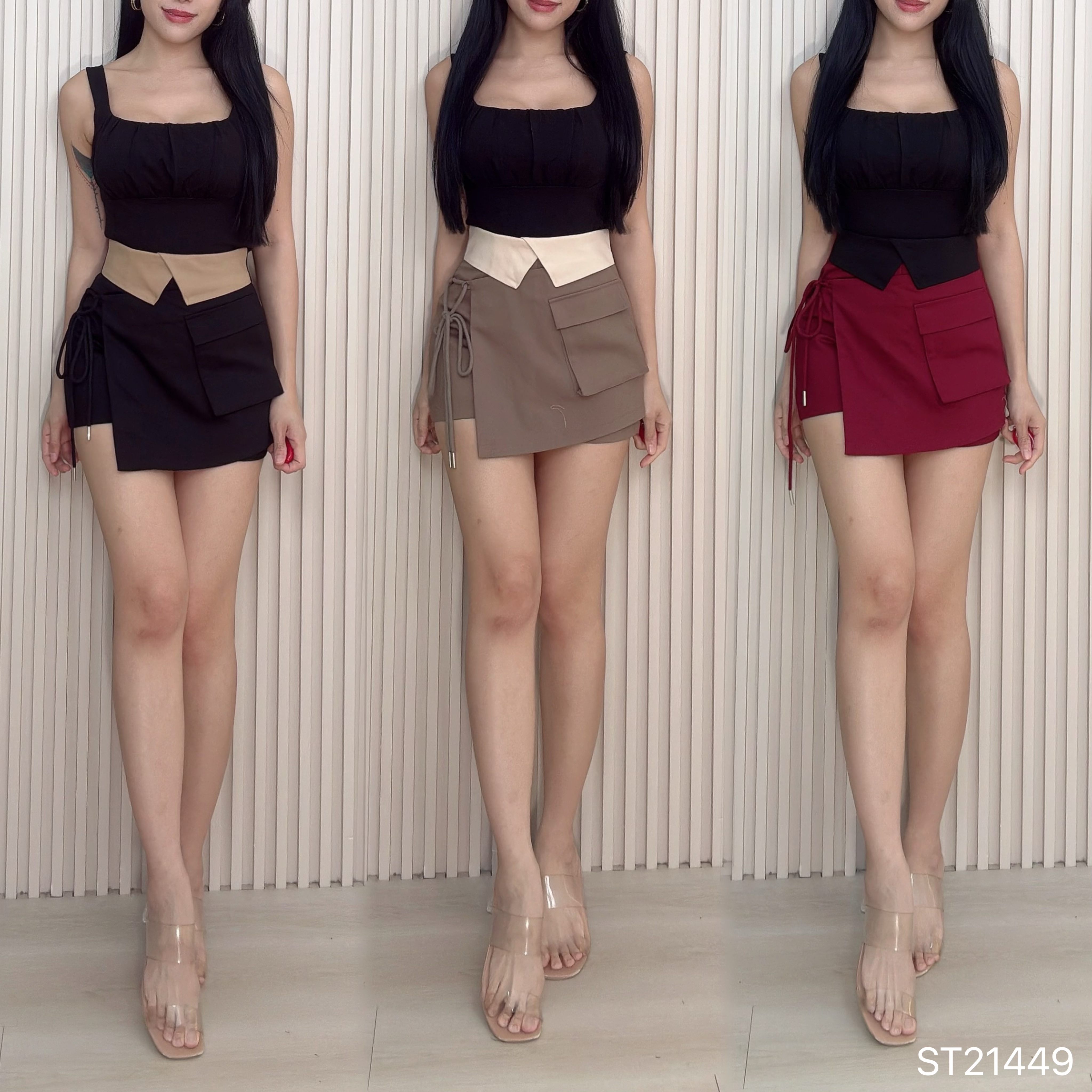 【LBP独家】百搭撞色系带设计A字高腰裤裙 (ST21449)