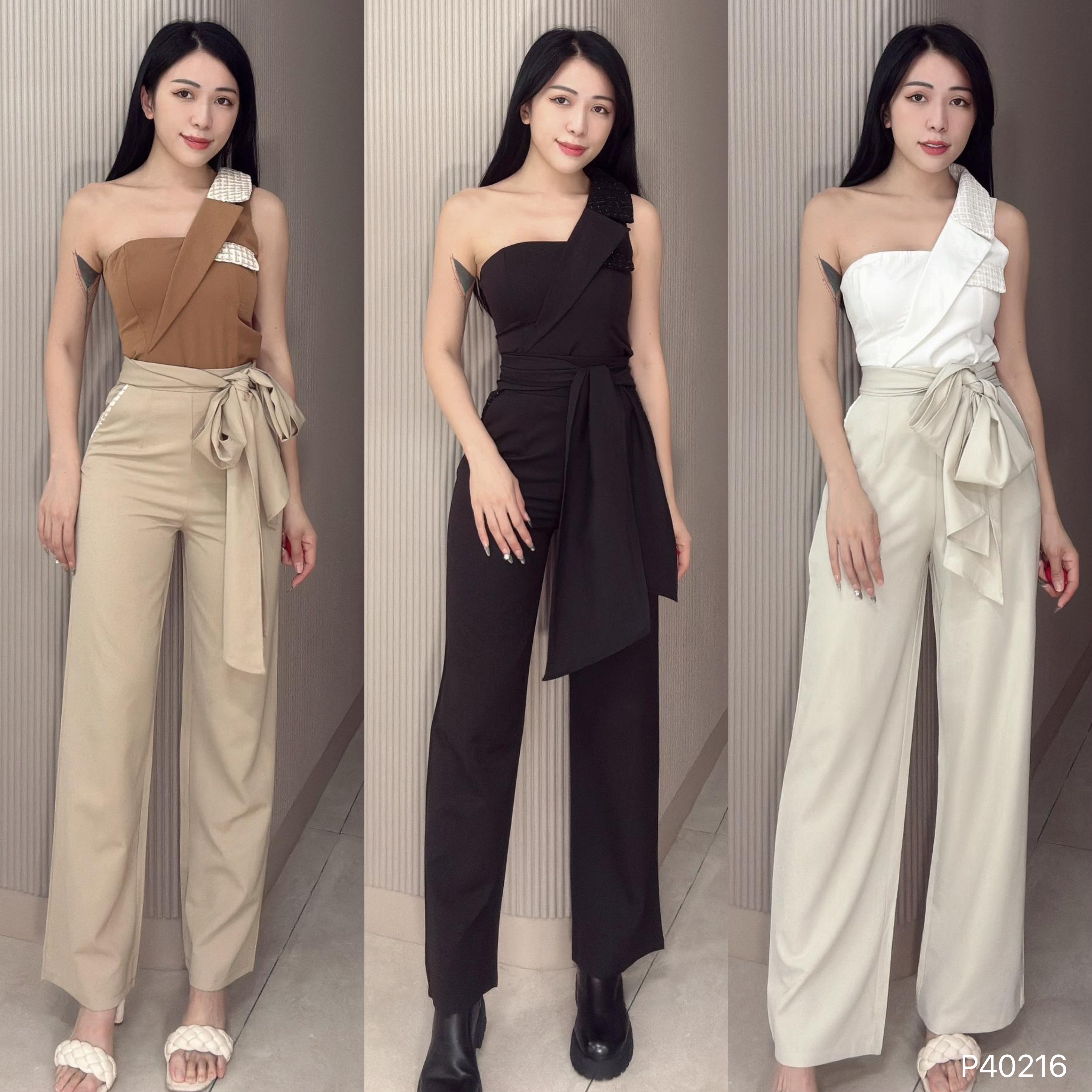 【LATTE NOON】时尚系带明线设计阔腿高腰长裤   (P40216)