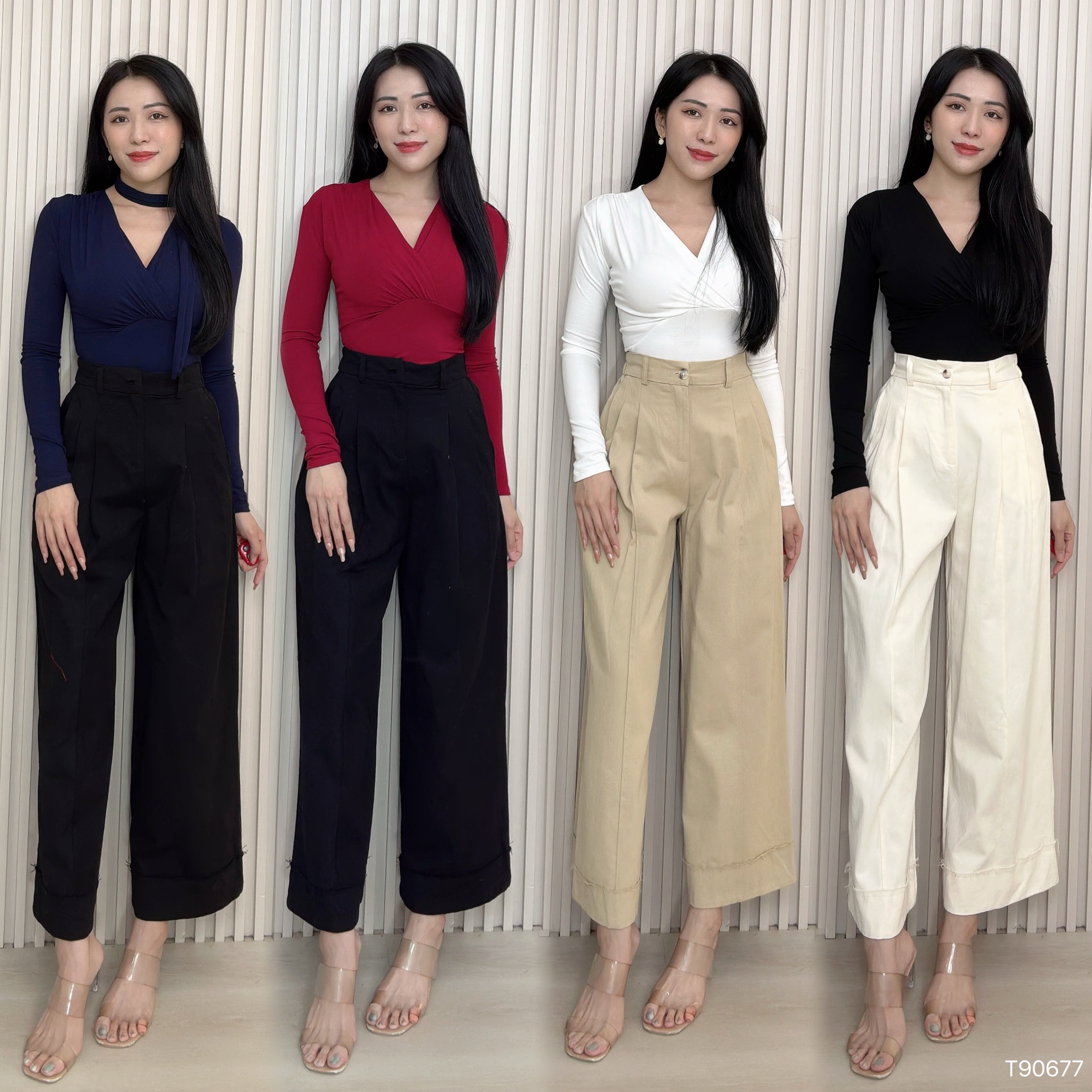 韩系V领交叠设计长袖上衣（T90677）