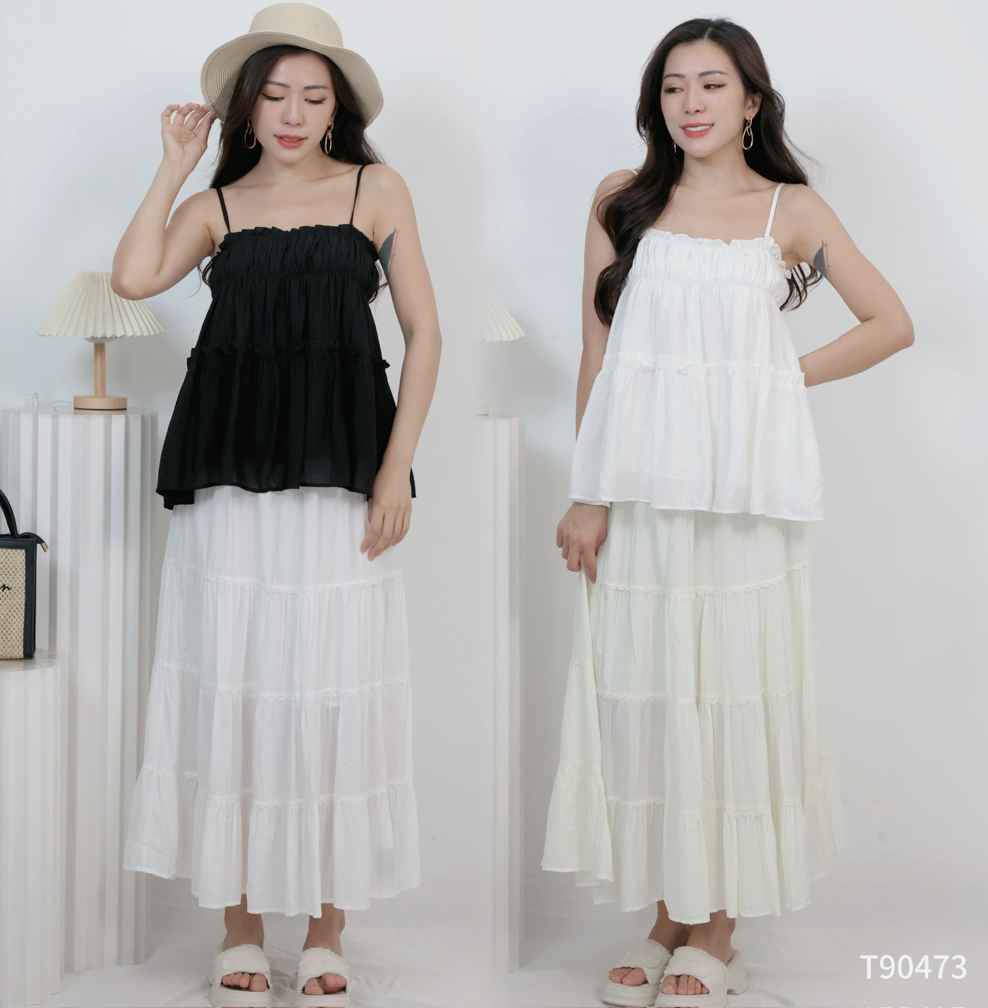 度假风荷叶边设计吊带上衣 (T90473)
