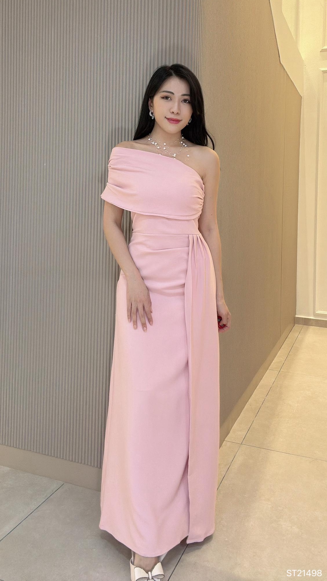 绝美一字斜肩压褶设计抹胸宴会连身裙 (ST21498)