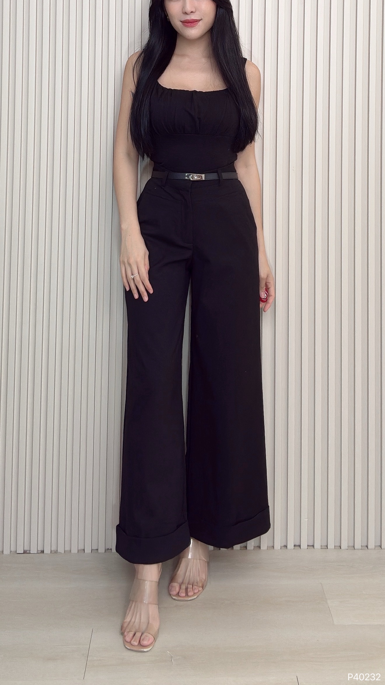 韩系卷边直筒设计高腰长裤 （P40232）