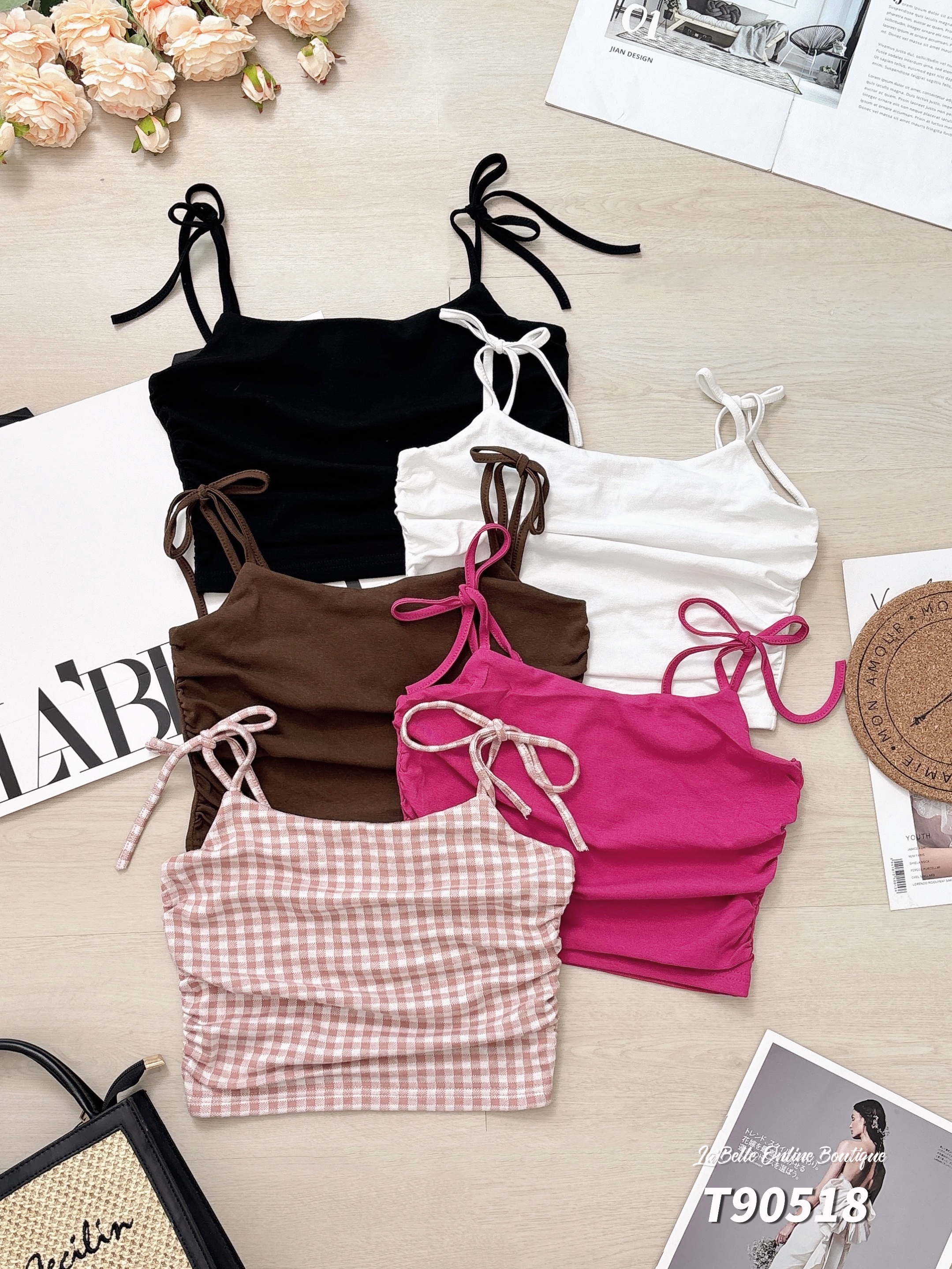 甜美褶皱设计蝴蝶结吊带上衣 (T90518)