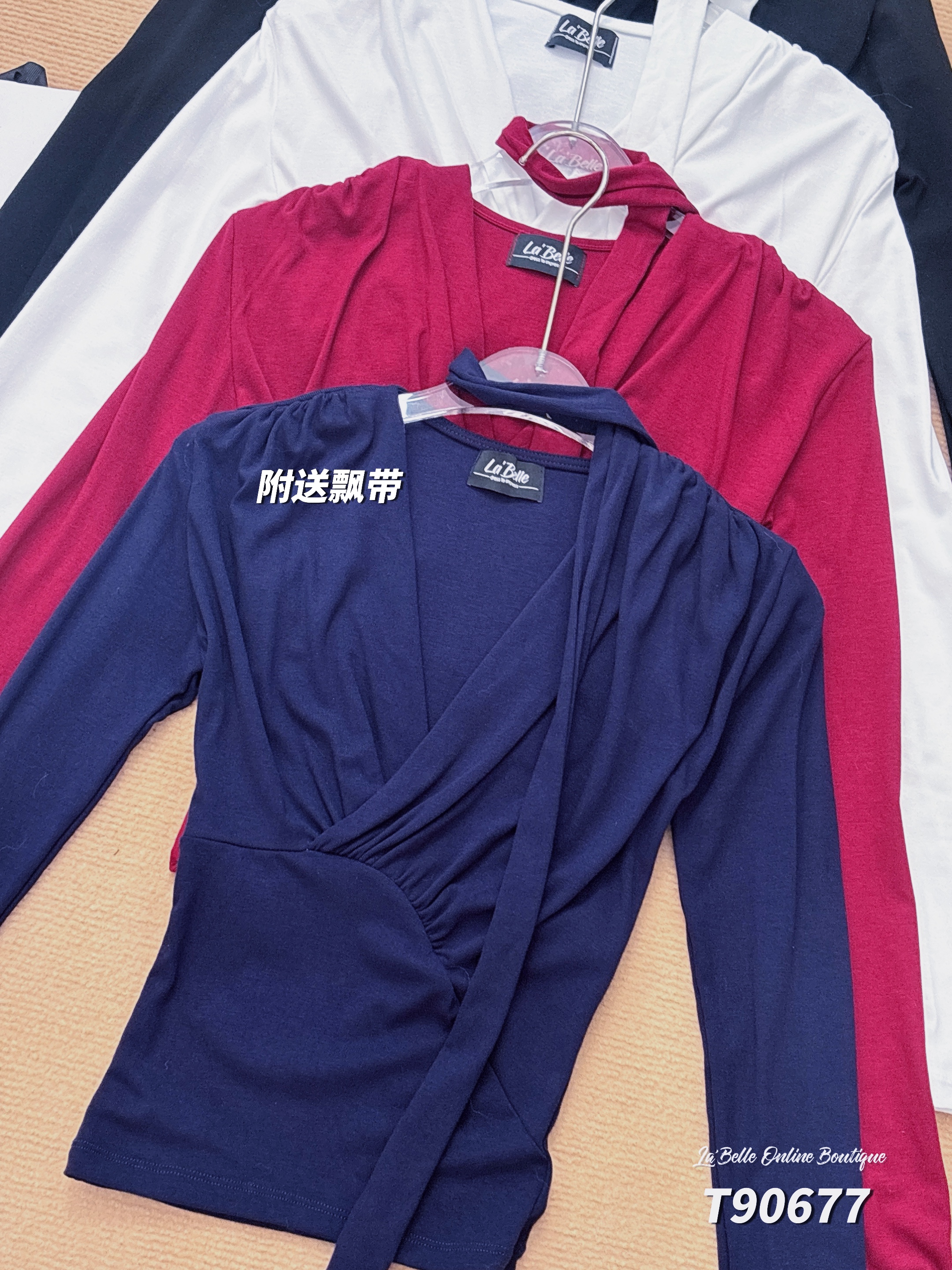 韩系V领交叠设计长袖上衣（T90677）