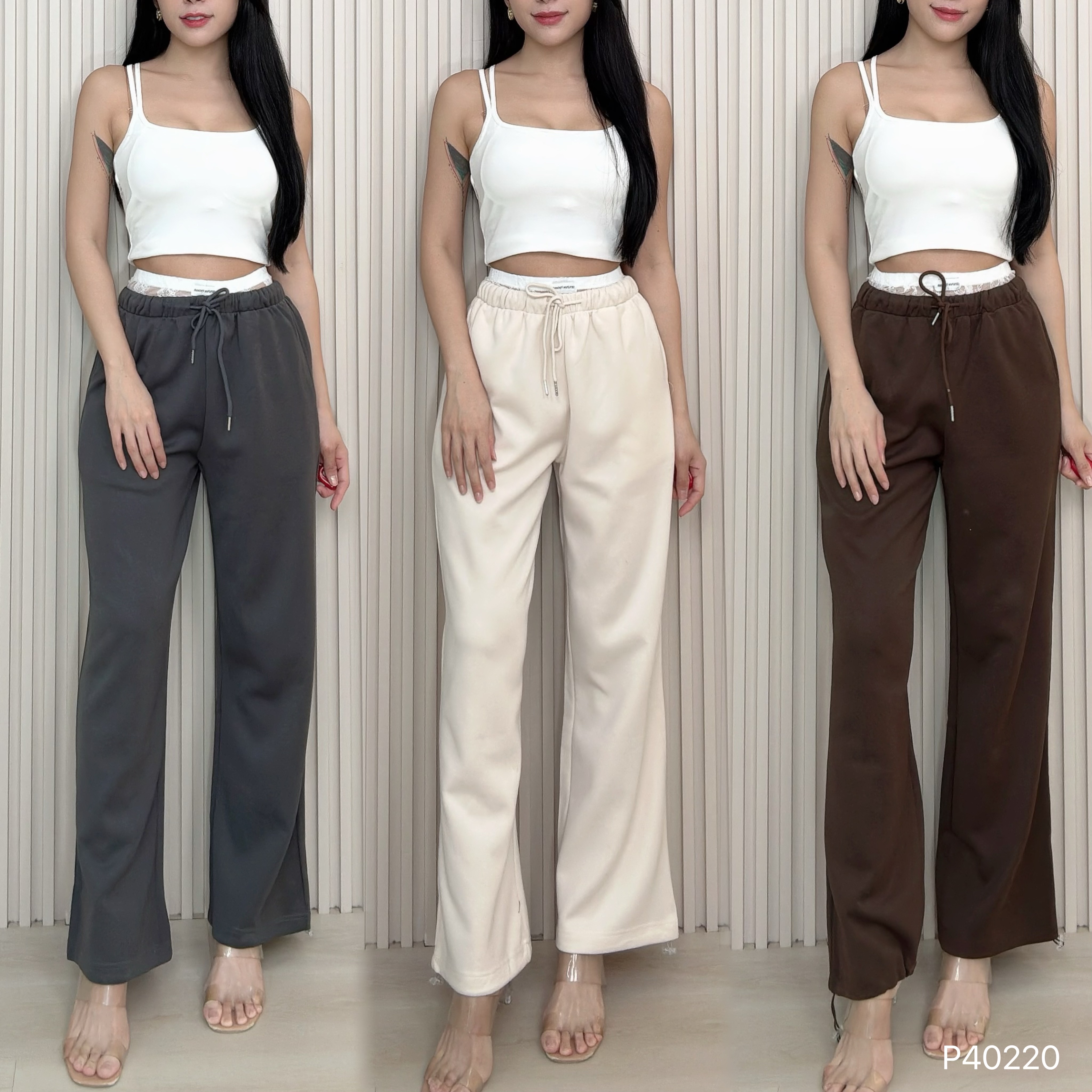 时尚蕾丝拼接抽绳设计高腰长裤 (P40220)