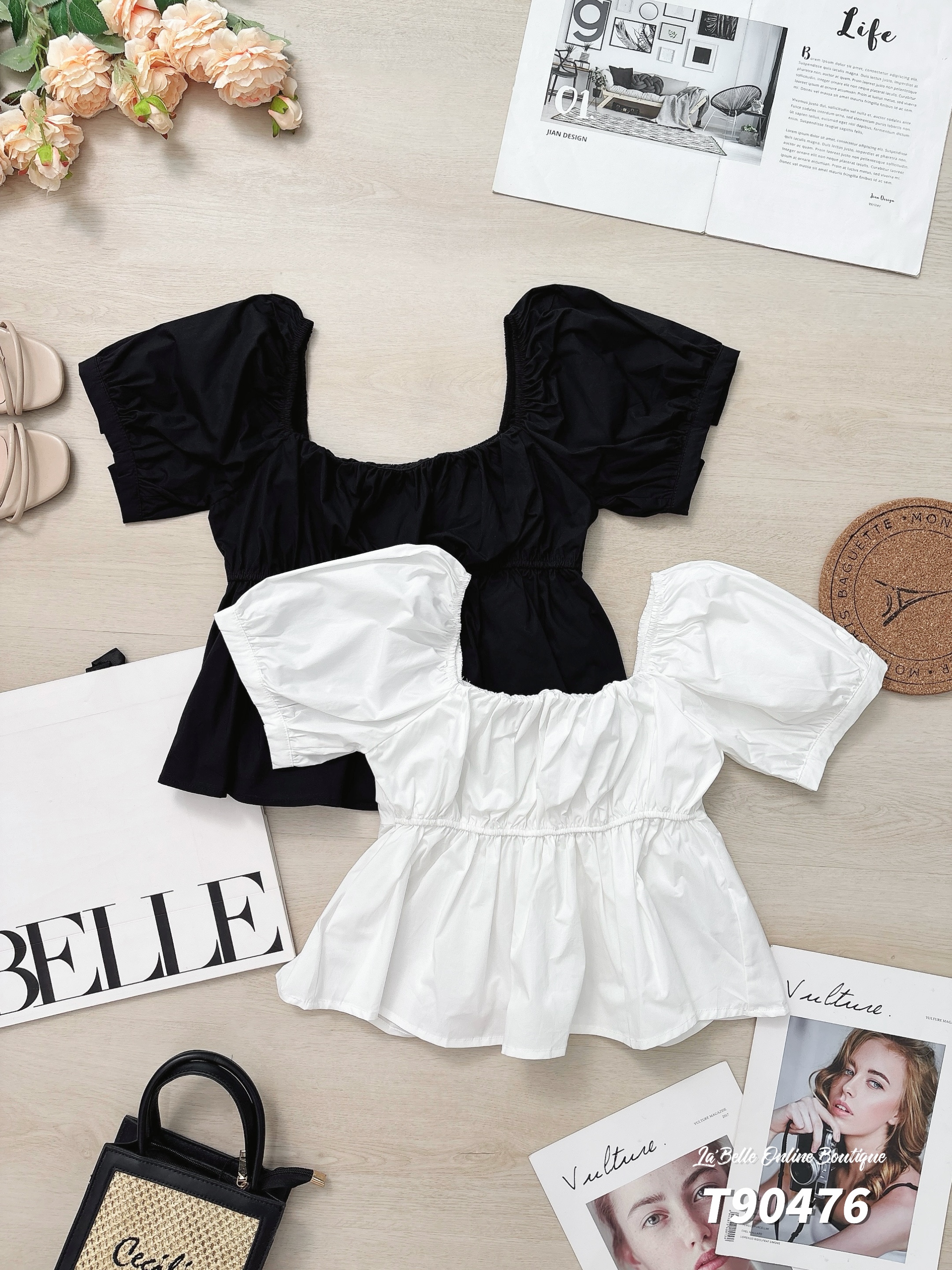 甜美褶皱两穿设计泡泡袖上衣 (T90476)