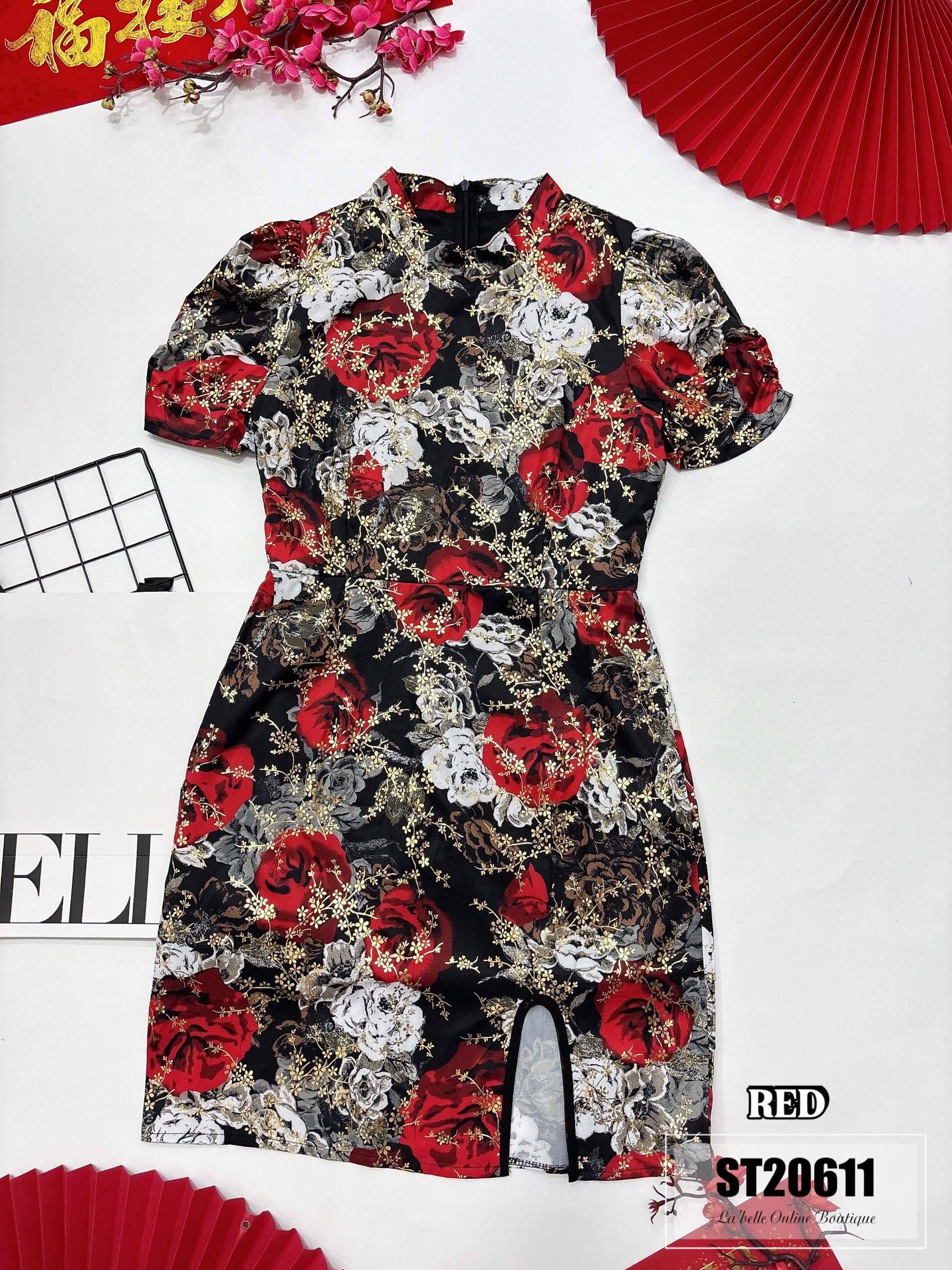 【LBP独家】复古风印花开叉设计改良版旗袍连身裙（ST20611）