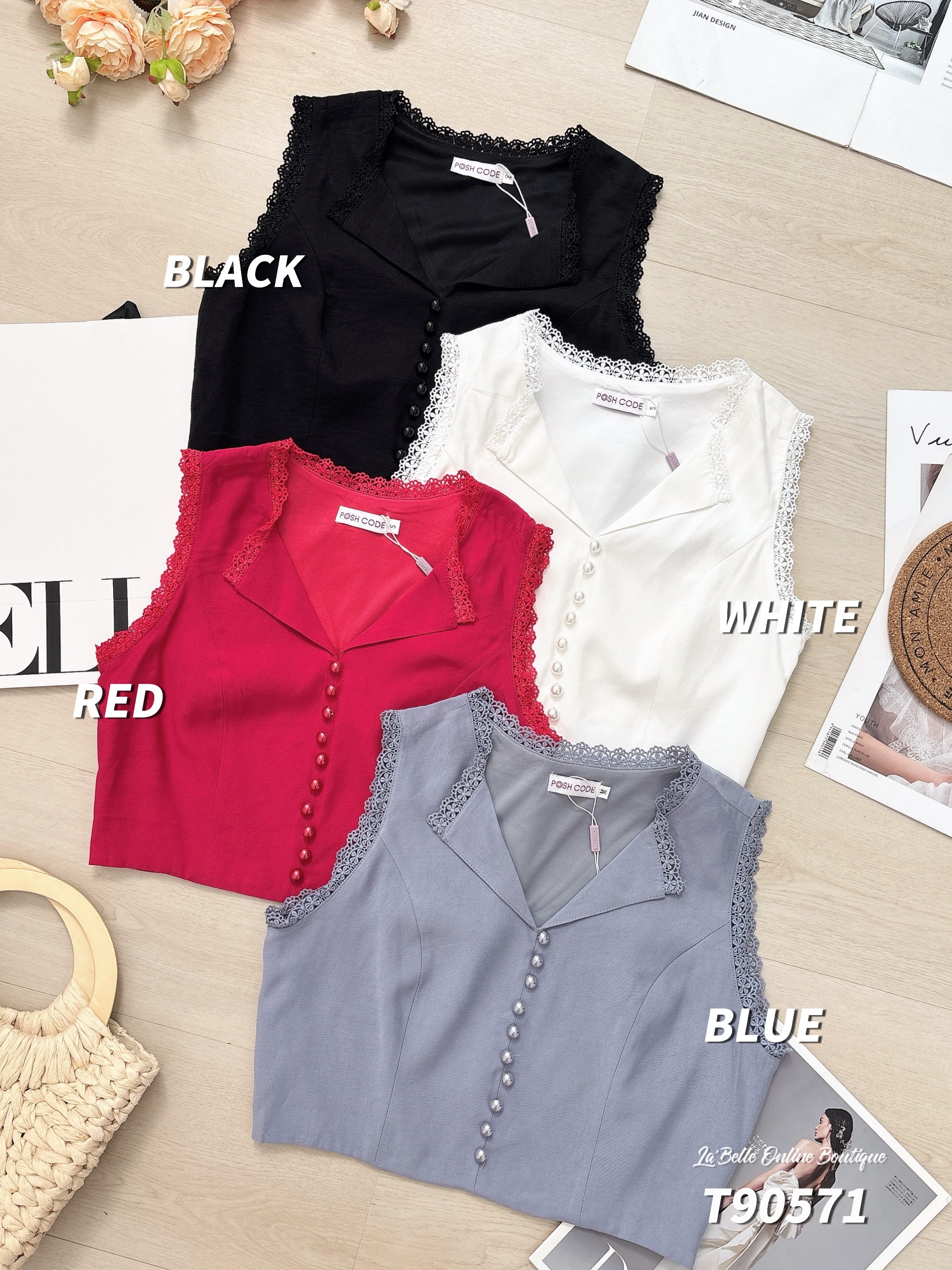 时尚蕾丝拼接设计V领无袖上衣 (T90571)