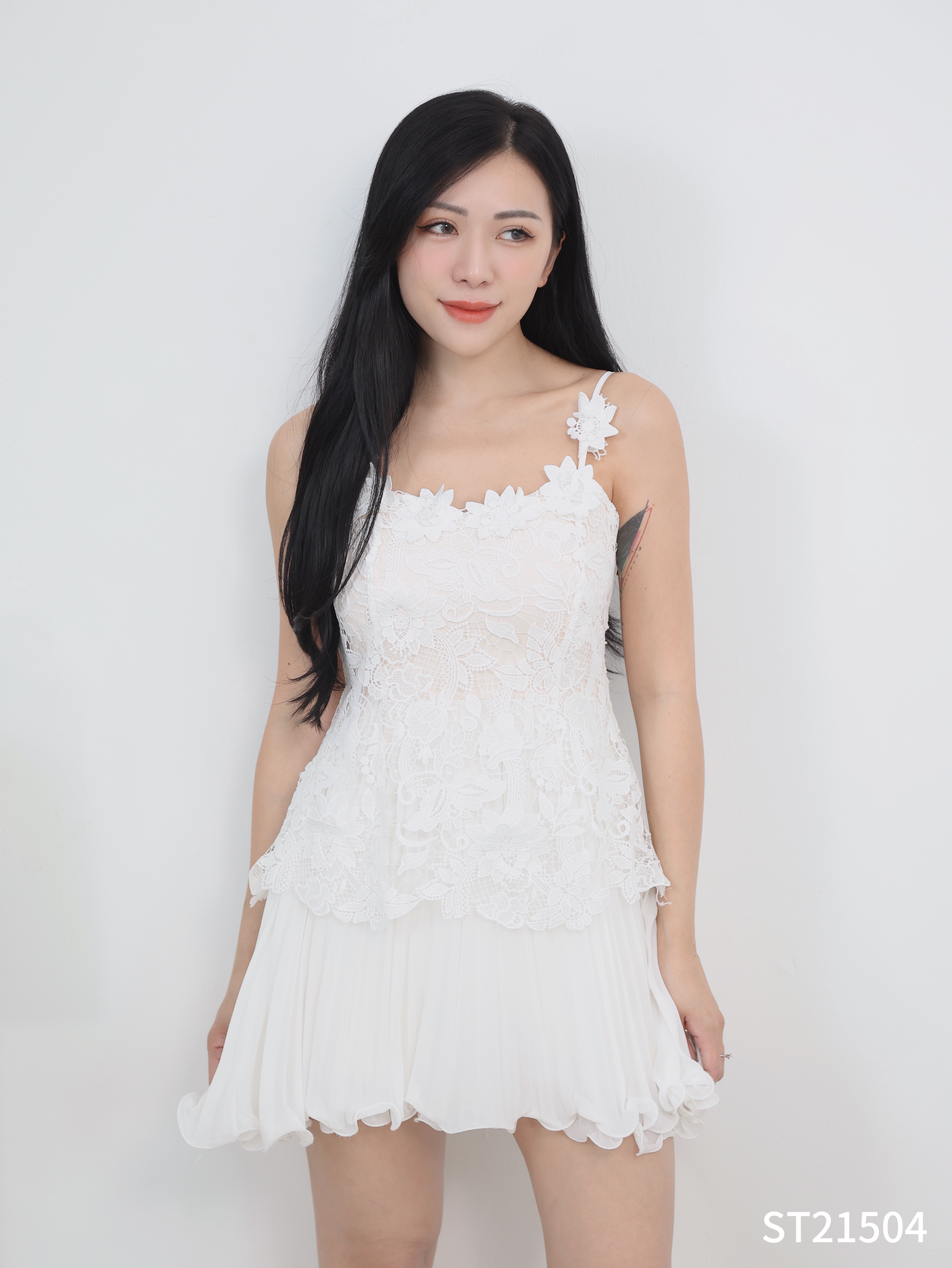 法式花朵蕾丝设计吊带连身裙 (ST21504)
