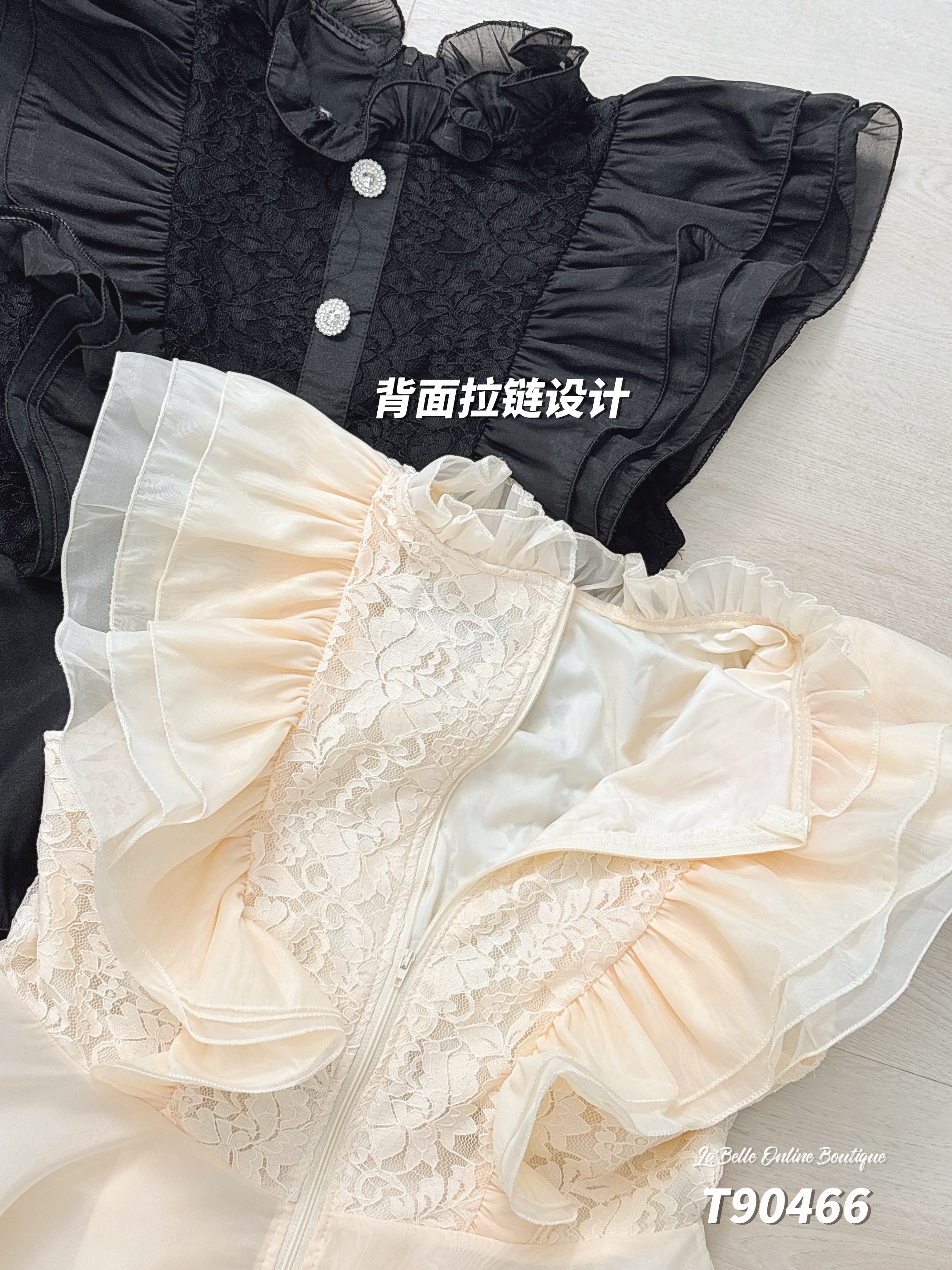 法式宫廷风荷叶边设计小飞袖上衣 (T90466)