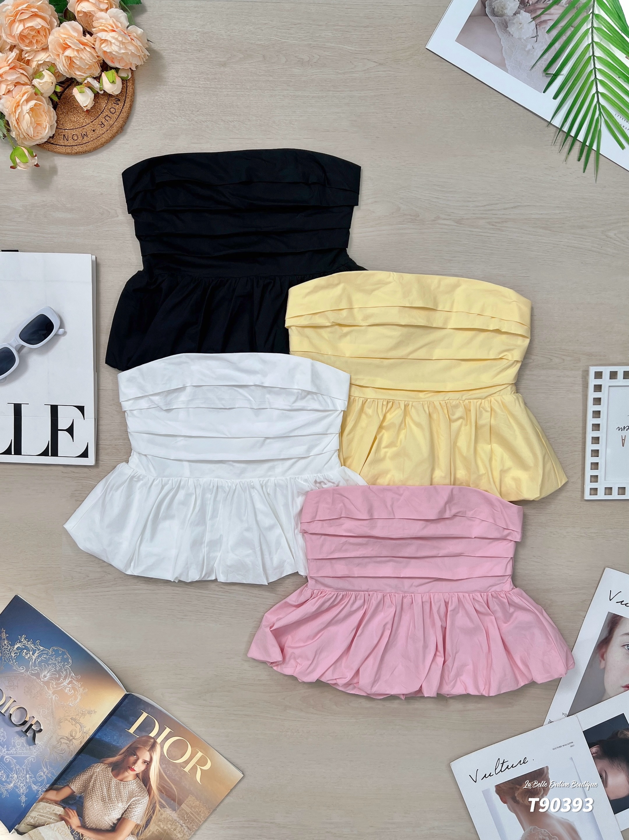 甜美褶皱花苞抹胸上衣 (T90393)