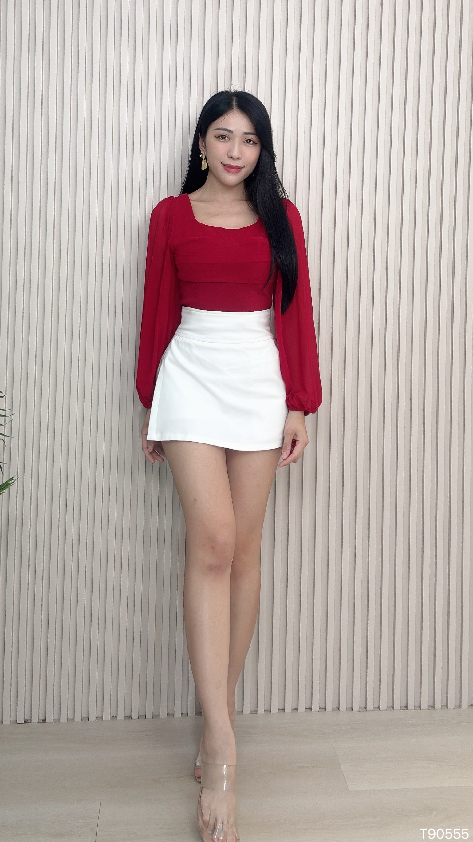 法式甜美方领短版长袖上衣 (T90555)