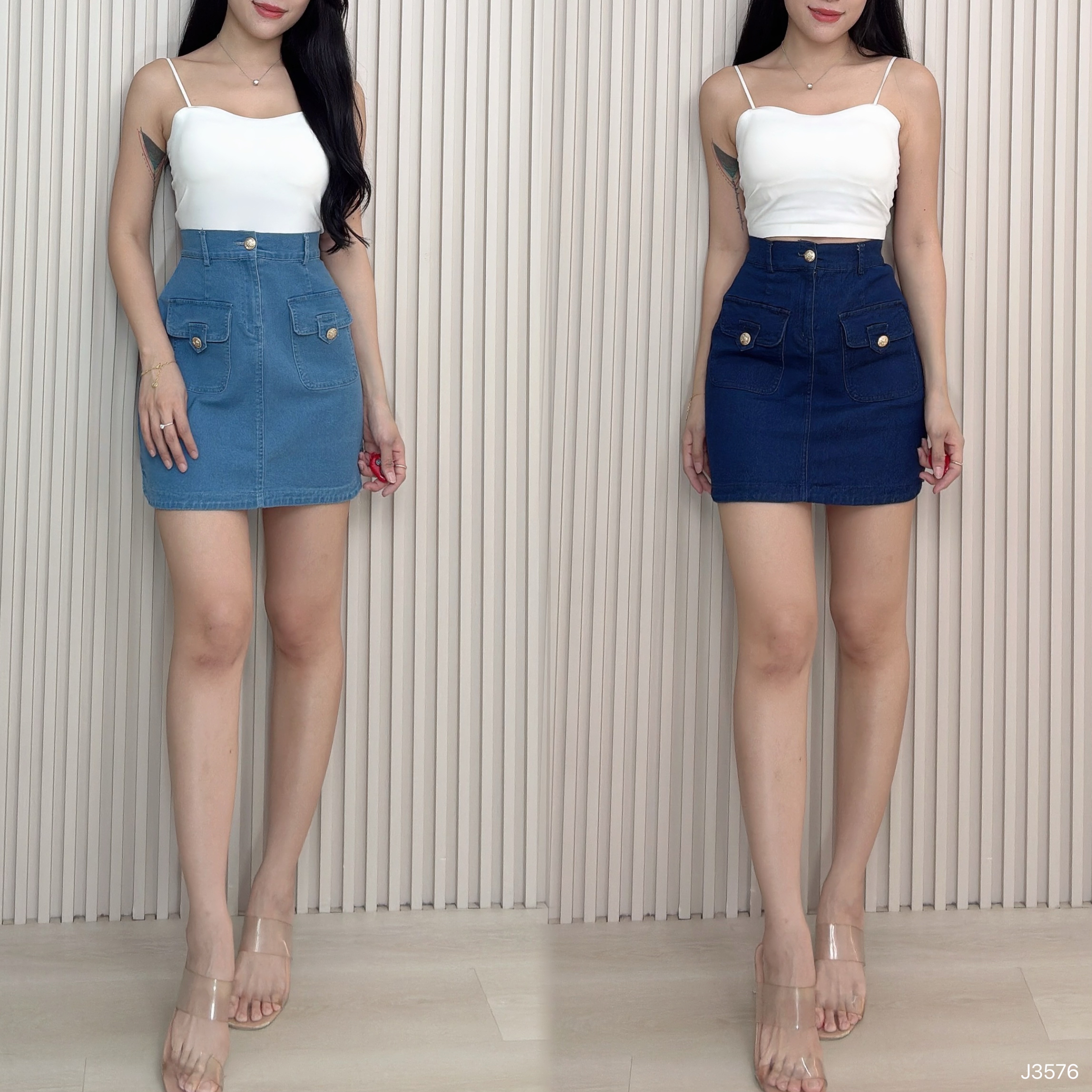 时尚侧边小开叉高腰牛仔短裙 (J3576)