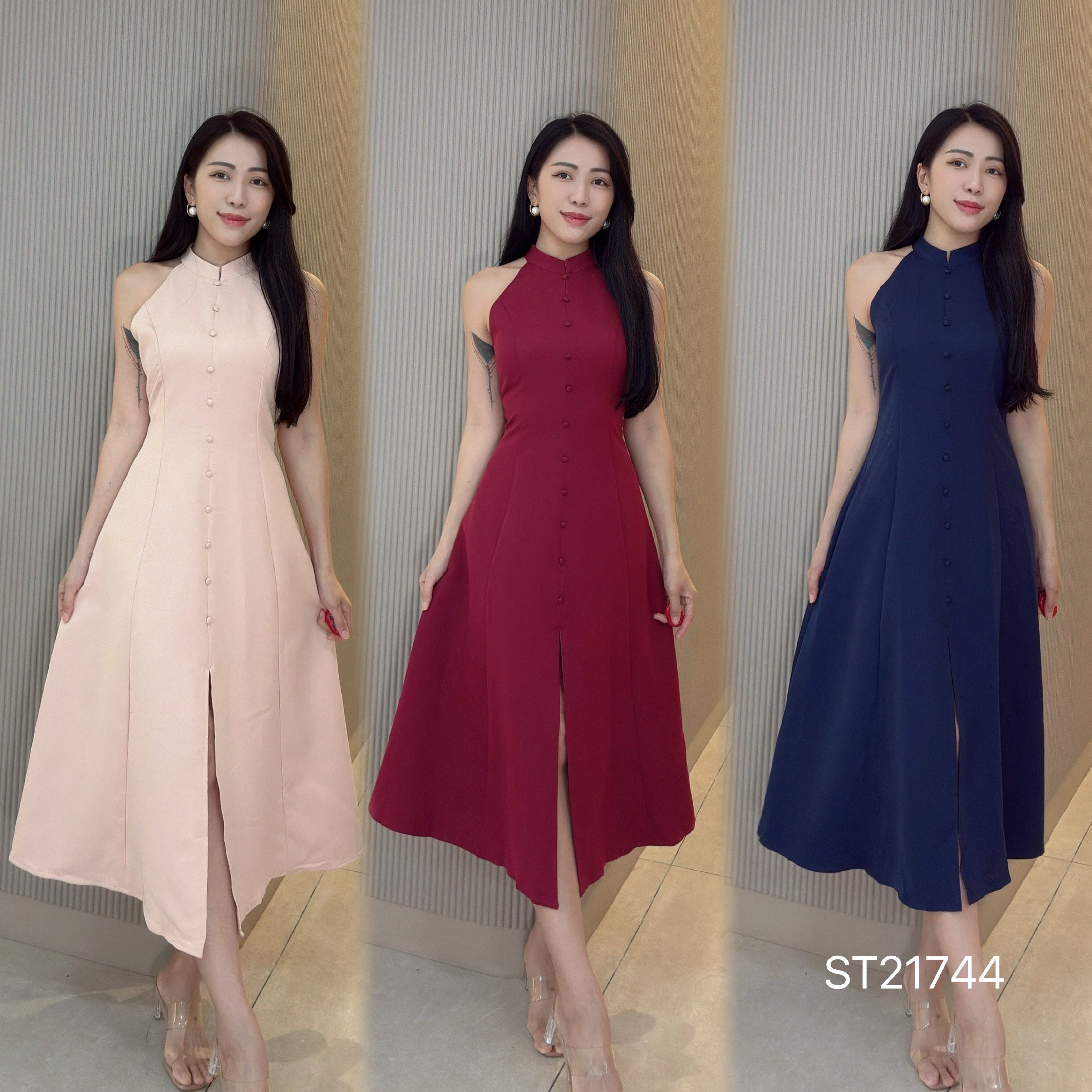 新中式削肩立领纽扣开衩连身裙 (ST21744)