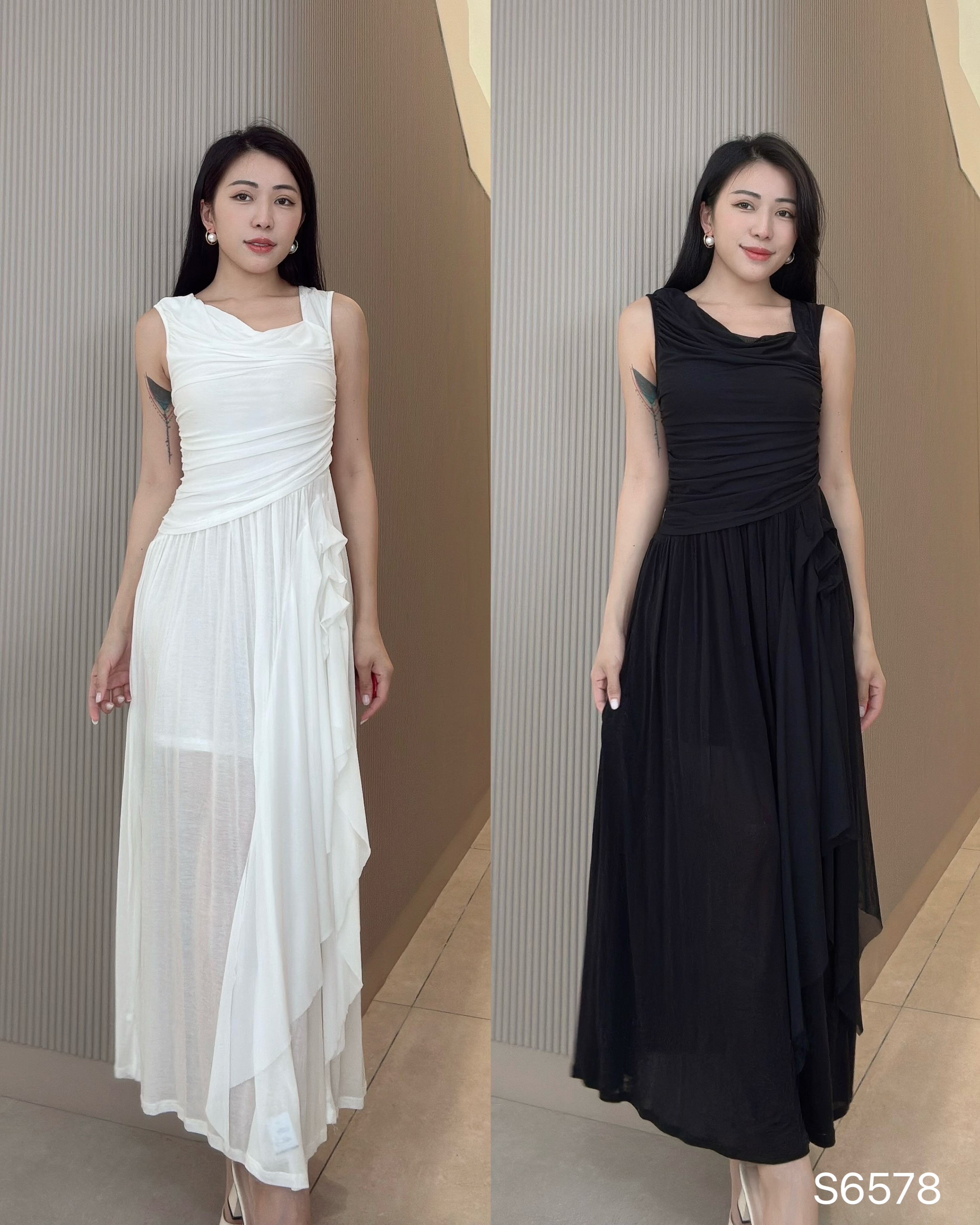 仙女感垂坠式荡领设计不规则连身裙 (S6578)