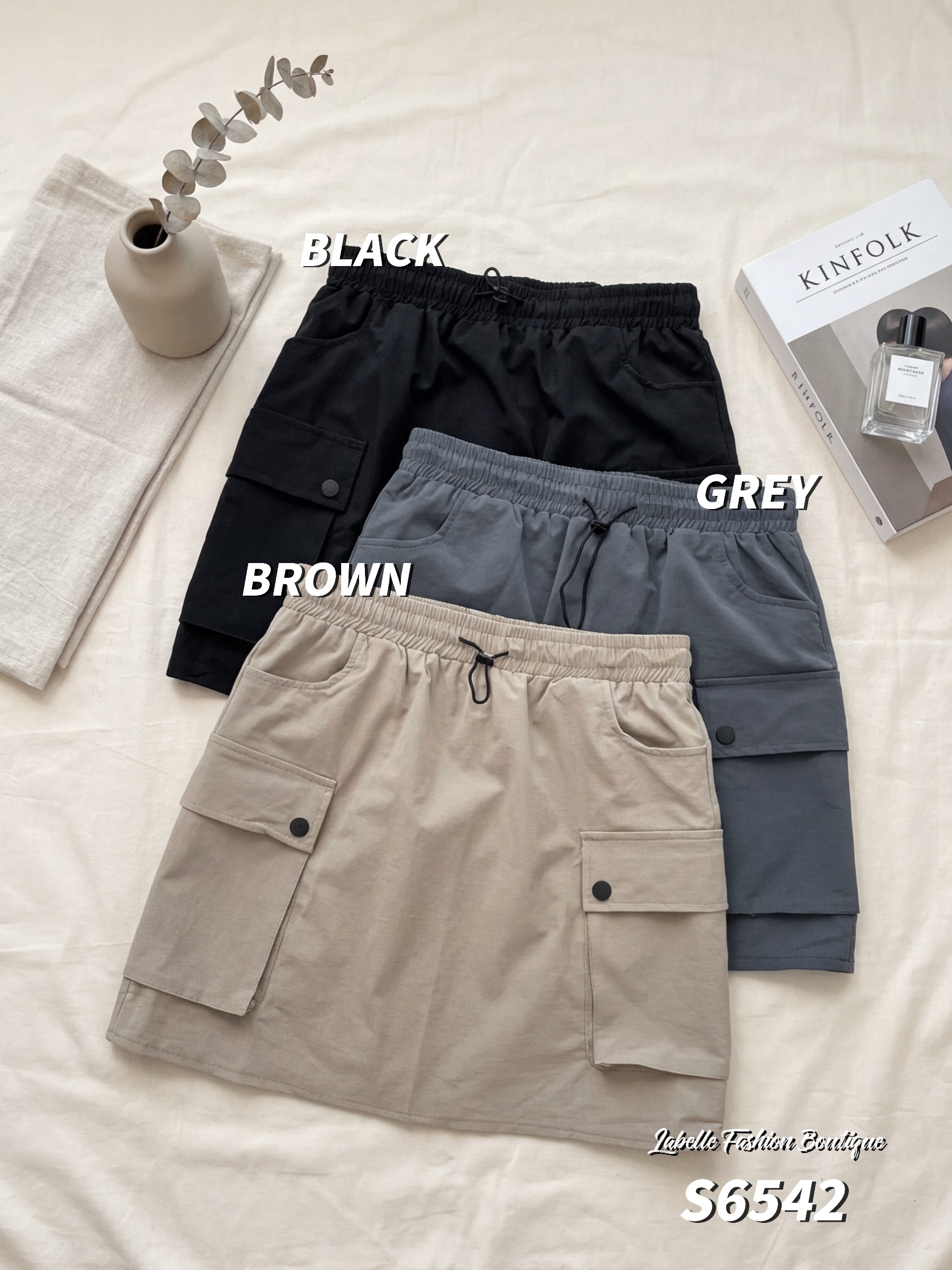 工装风松紧腰抽绳设计高腰短裙 (S6542)